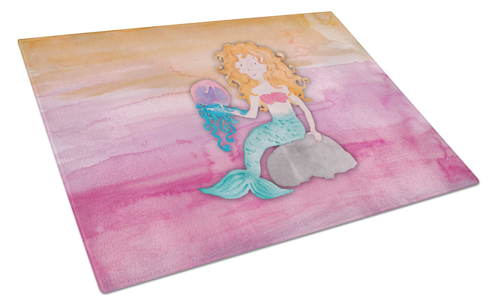 Blonde Mermaid Watercolor Cutting Board Tempered Glass Kitchen Cutting Surface, Heat Resistant Chopping, Non-Slip Feet, Food Prep & Serving