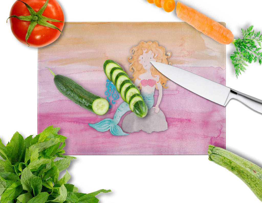 Blonde Mermaid Watercolor Cutting Board Tempered Glass Kitchen Cutting Surface, Heat Resistant Chopping, Non-Slip Feet, Food Prep & Serving