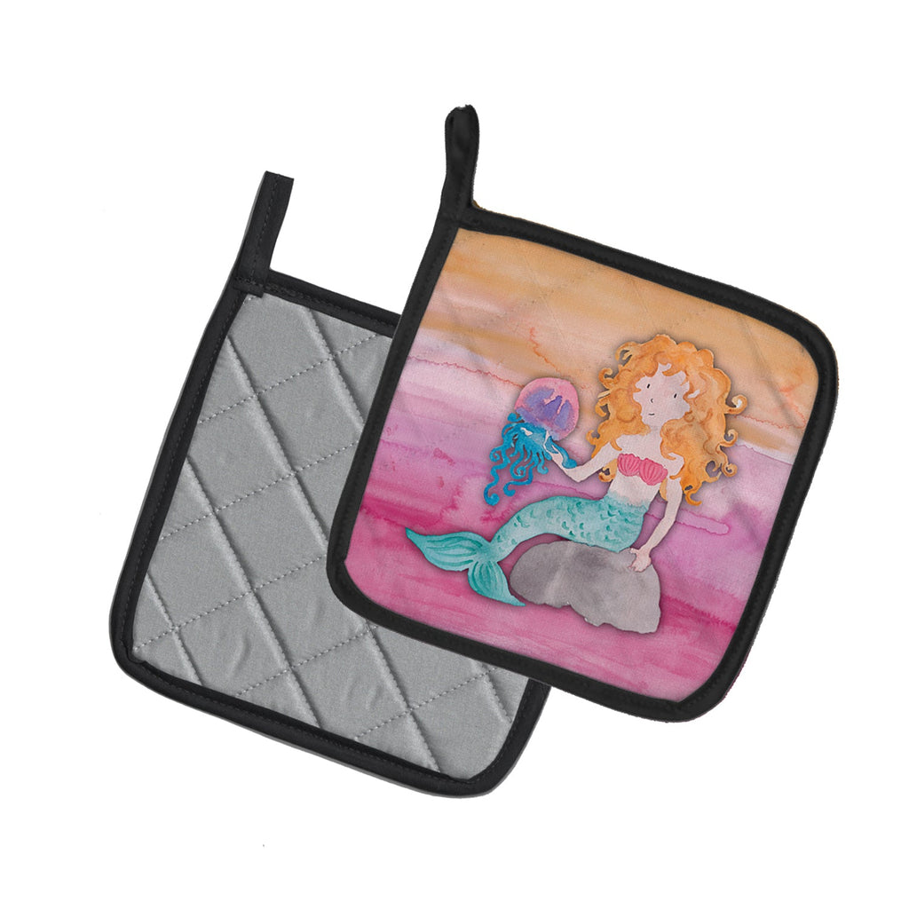 Blonde Mermaid Watercolor Pot Holder Set of 2 Heat Resistant Quilted Hot Pads 7.5 x 7.5 Inch, Insulated Kitchen Trivets for Cooking & Baking