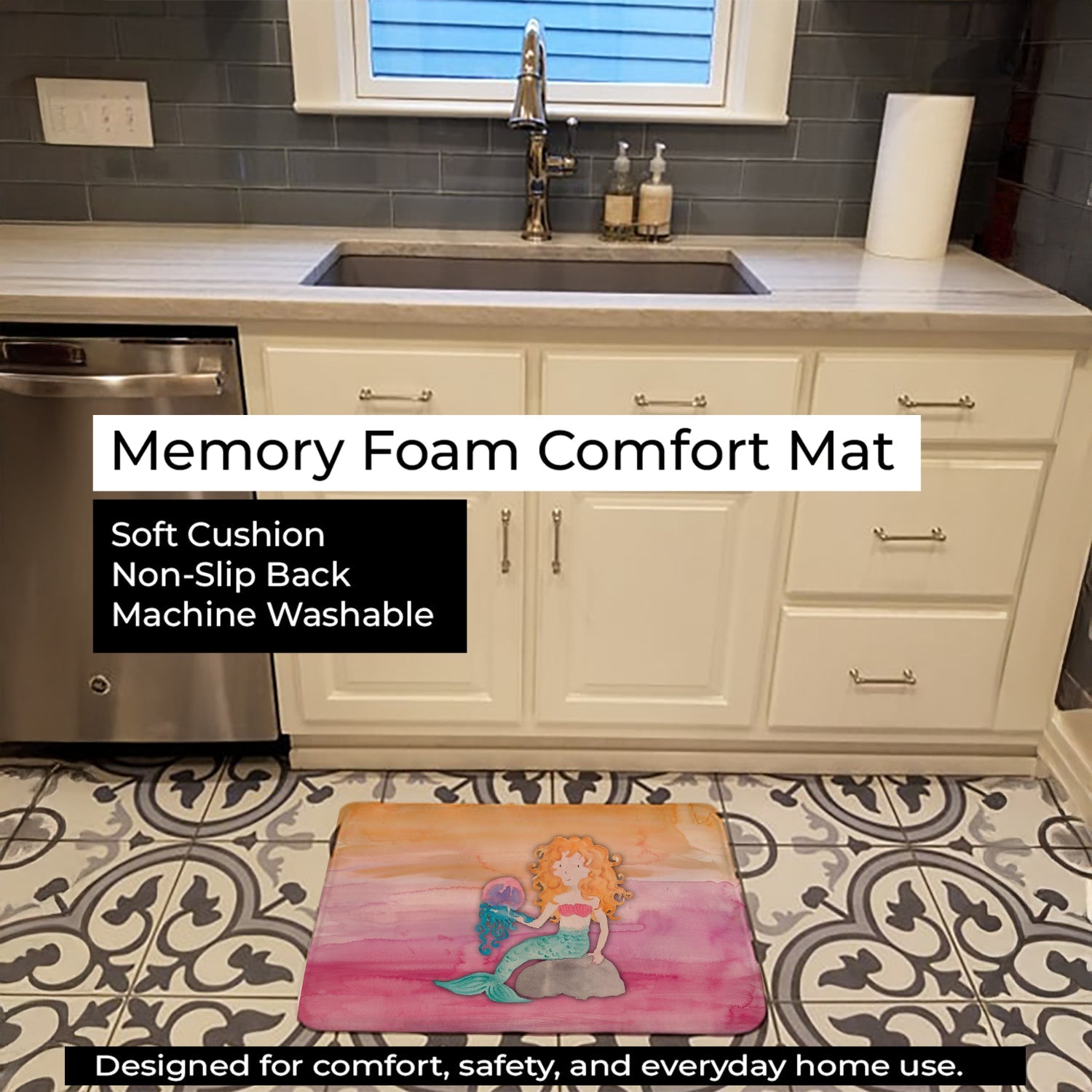 Blonde Mermaid Watercolor Memory Foam Kitchen Mat Machine Washable Anti-Fatigue Cushion Comfort Bath or Kitchen Rug