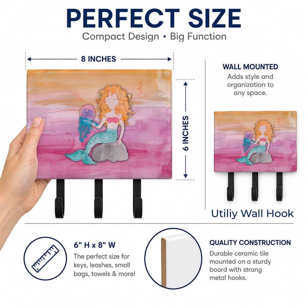 Blonde Mermaid Watercolor Leash or Key Holder Wall Hooks, Coat Rack Wall Mount, for Hanging Keys, Towels, Aprons, Leashes