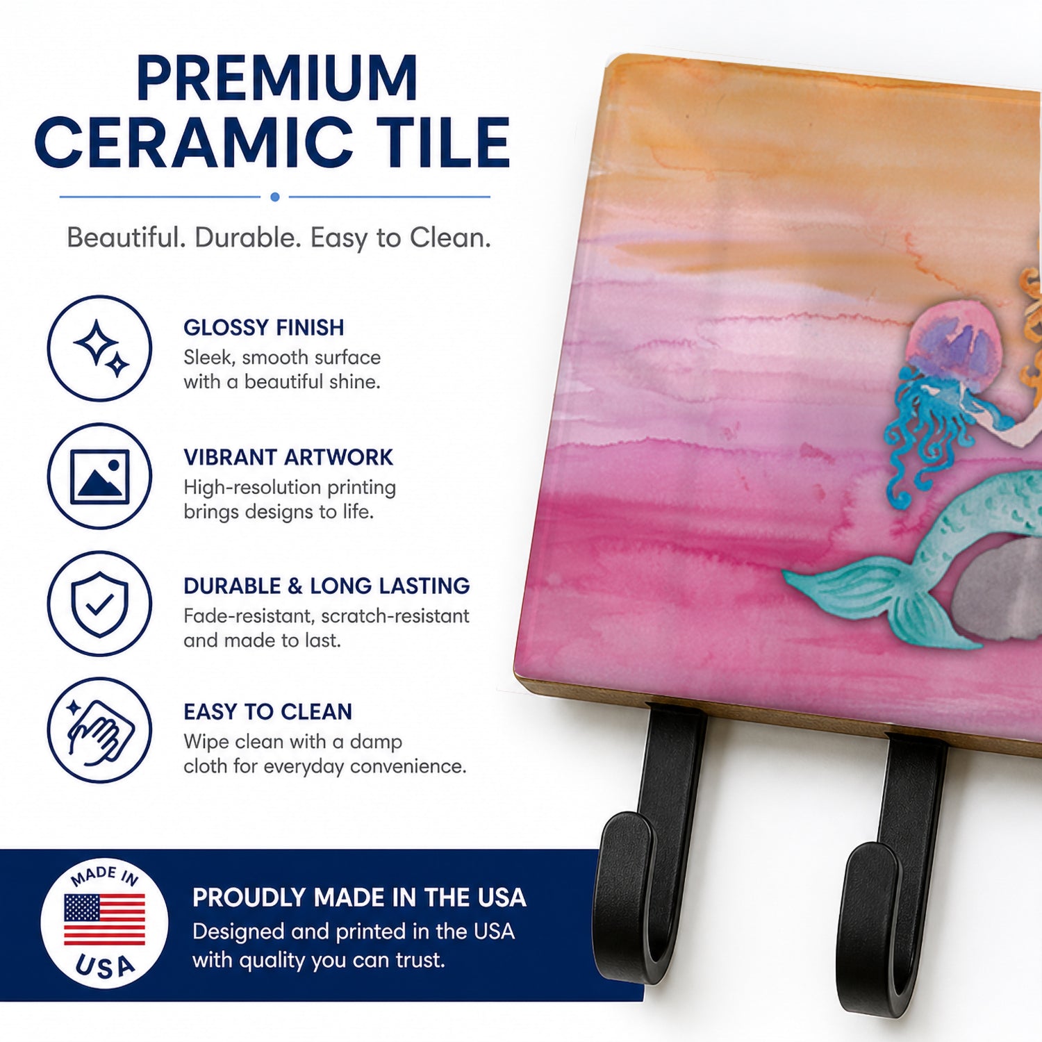 Blonde Mermaid Watercolor Leash or Key Holder Wall Hooks, Coat Rack Wall Mount, for Hanging Keys, Towels, Aprons, Leashes