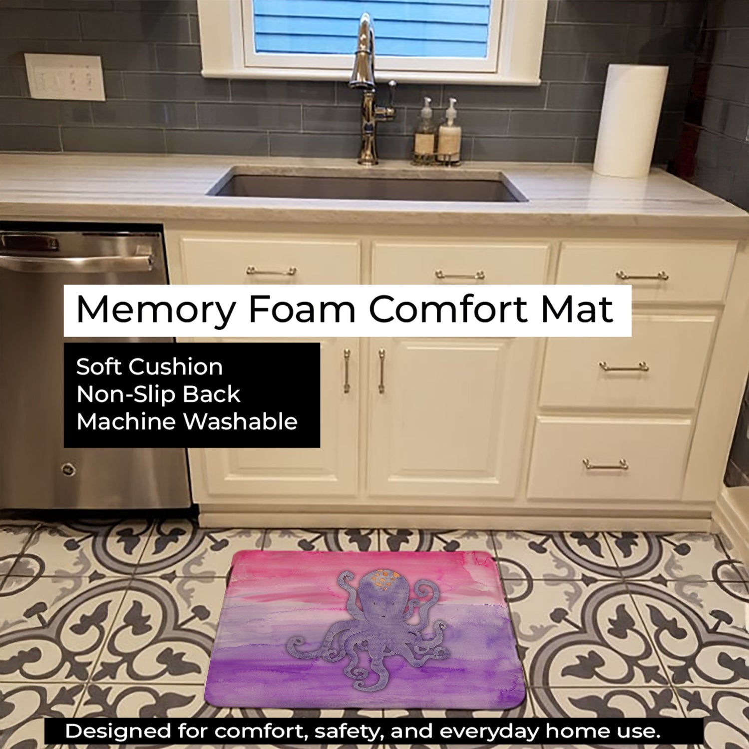 Octopus Watercolor Memory Foam Kitchen Mat Machine Washable Anti-Fatigue Cushion Comfort Bath or Kitchen Rug