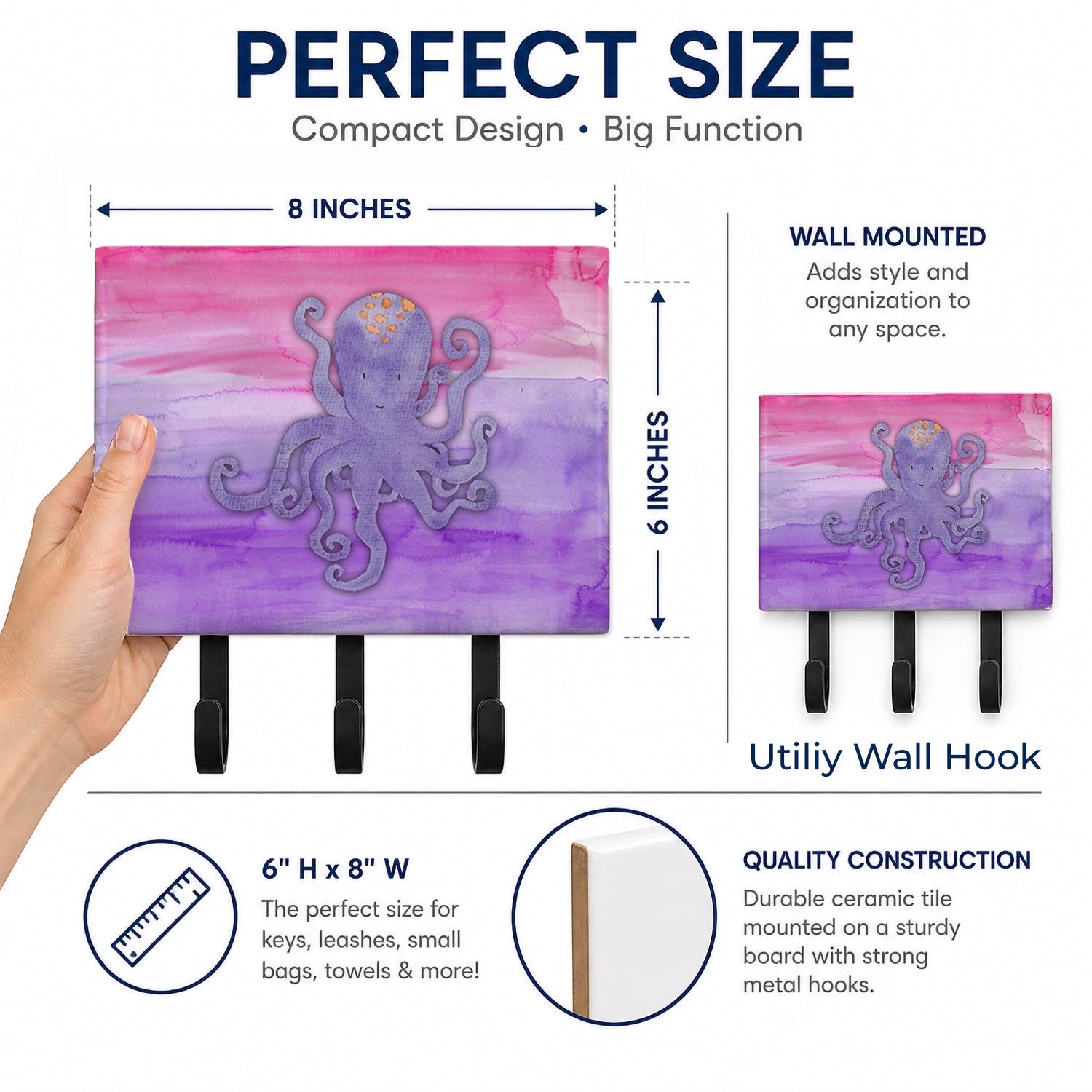 Octopus Watercolor Leash or Key Holder Wall Hooks, Coat Rack Wall Mount, for Hanging Keys, Towels, Aprons, Leashes