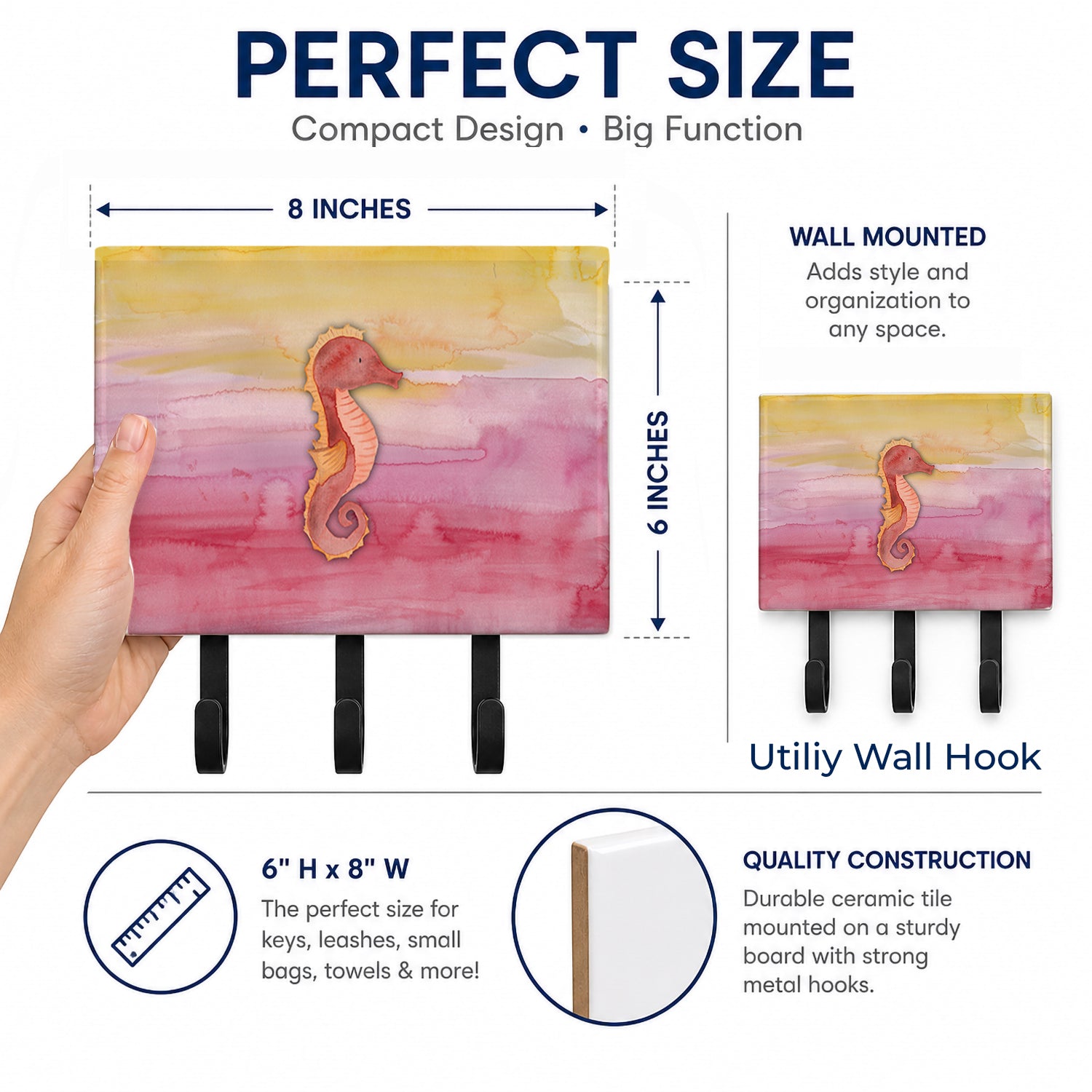 Seahorse Watercolor Leash or Key Holder Wall Hooks, Coat Rack Wall Mount, for Hanging Keys, Towels, Aprons, Leashes