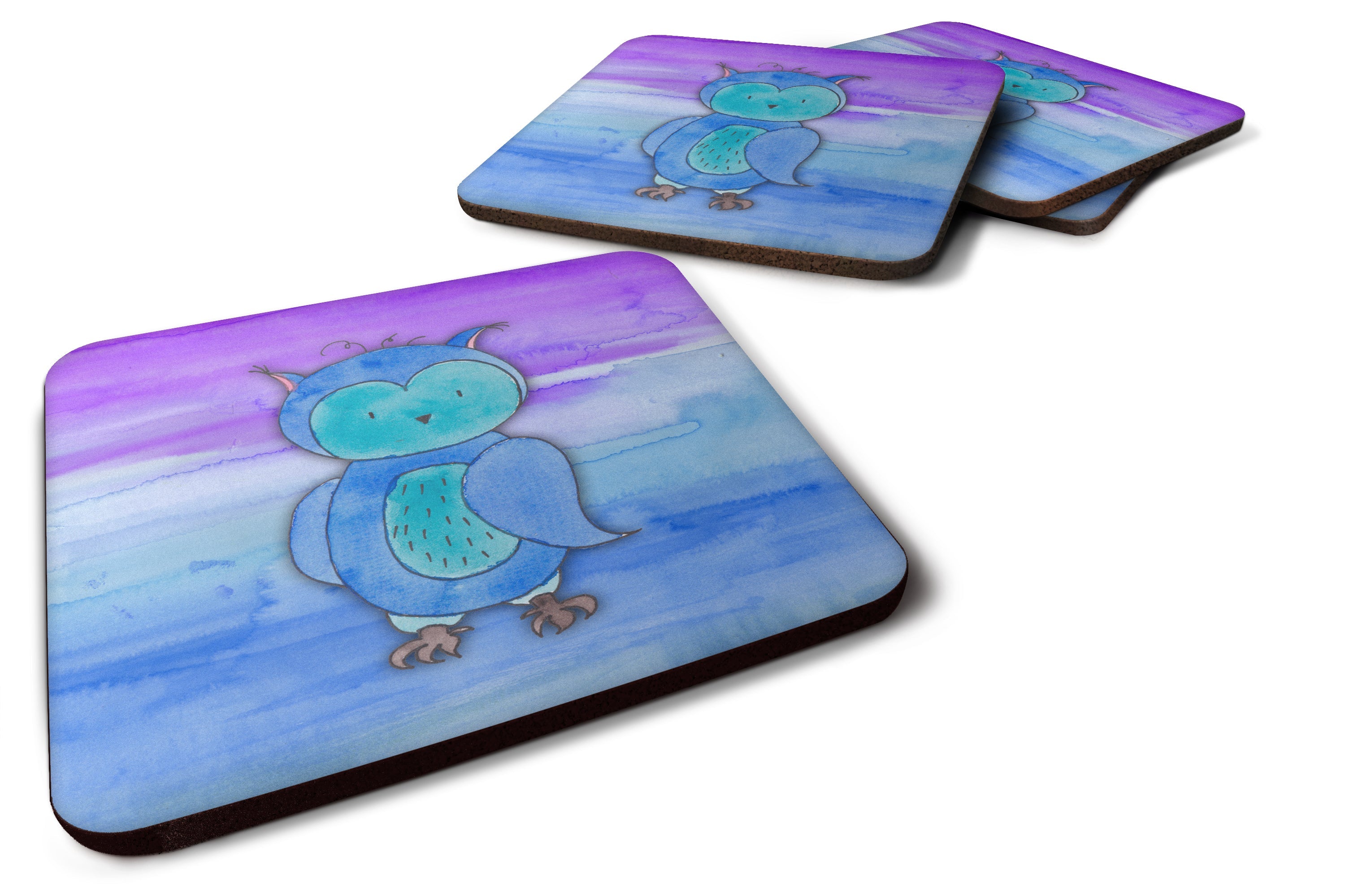 Blue Owl Watercolor Foam Coasters Set of 4 Cup Coasters for Indoor Outdoor, Tabletop Protection, Anti Slip, Mouse pad Material