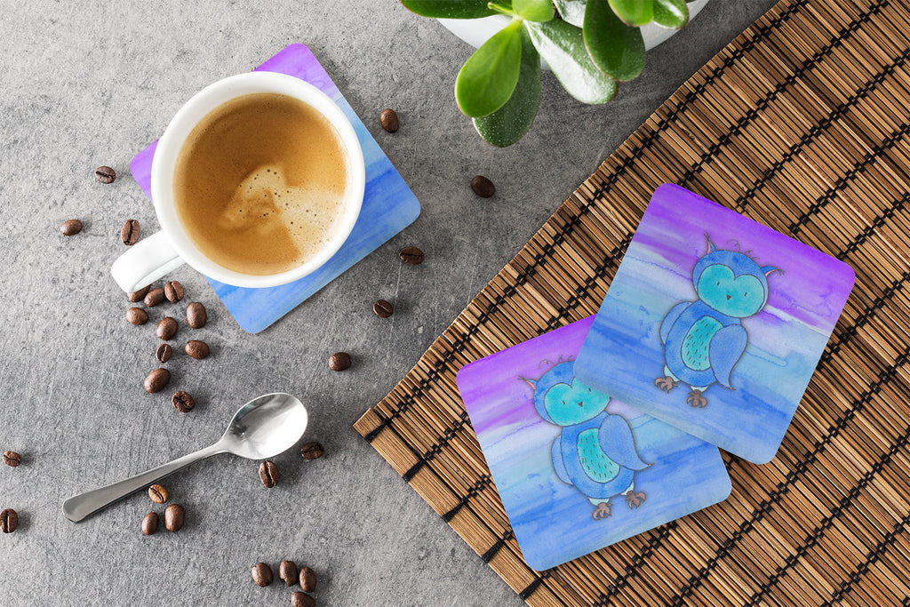 Blue Owl Watercolor Foam Coasters Set of 4 Cup Coasters for Indoor Outdoor, Tabletop Protection, Anti Slip, Mouse pad Material