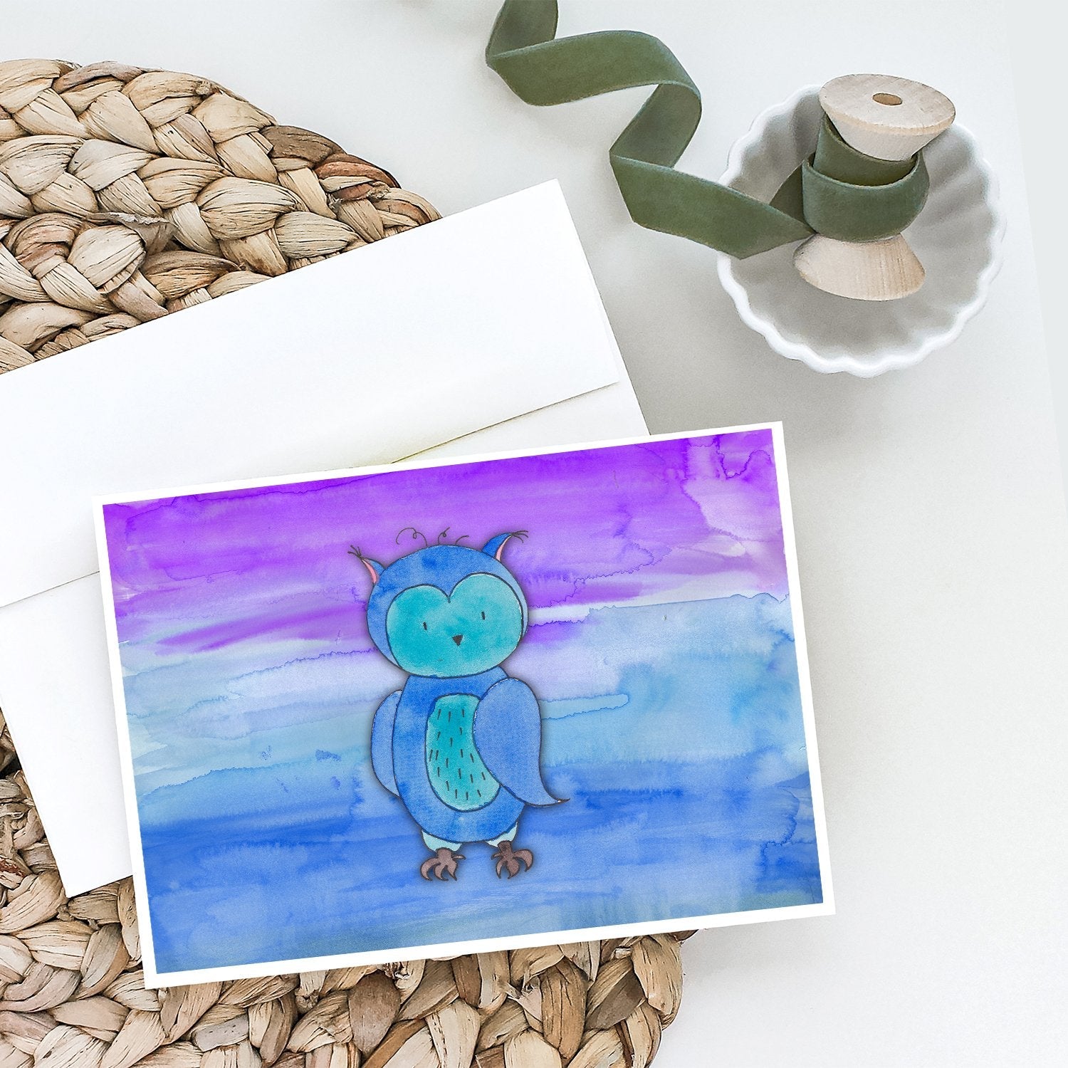 Blue Owl Watercolor Greeting Cards Pack of 8 Blank Cards with Envelopes Whimsical A7 Size 5x7