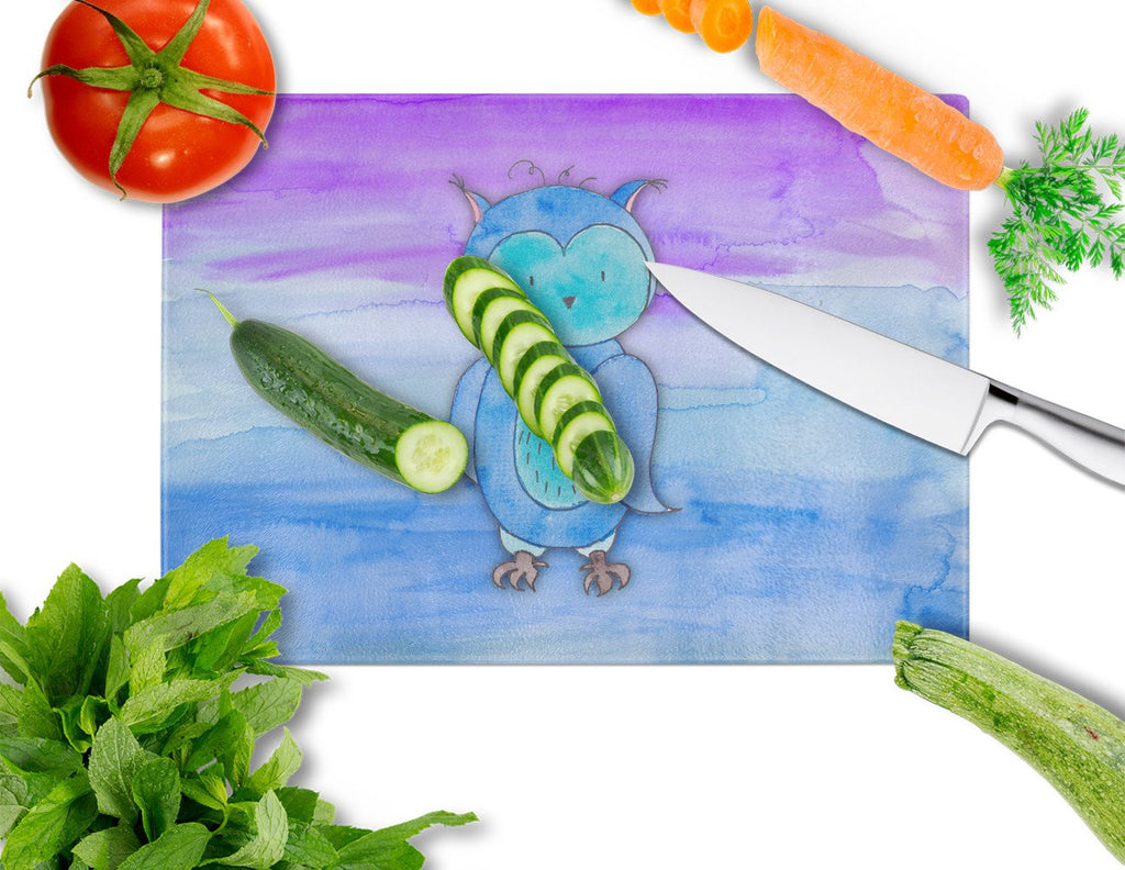 Blue Owl Watercolor Cutting Board Tempered Glass Kitchen Cutting Surface, Heat Resistant Chopping, Non-Slip Feet, Food Prep & Serving