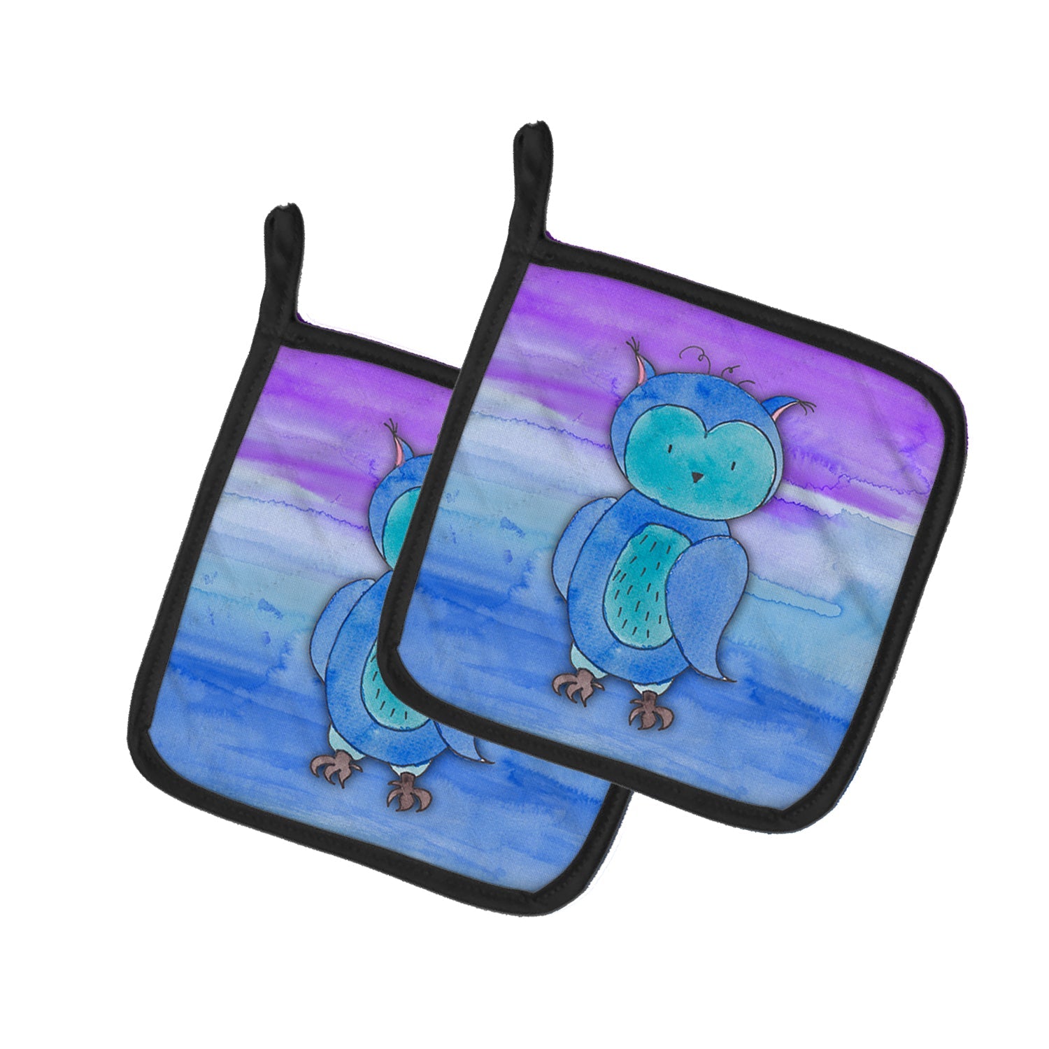 Blue Owl Watercolor Pot Holder Set of 2 Heat Resistant Quilted Hot Pads 7.5 x 7.5 Inch, Insulated Kitchen Trivets for Cooking & Baking