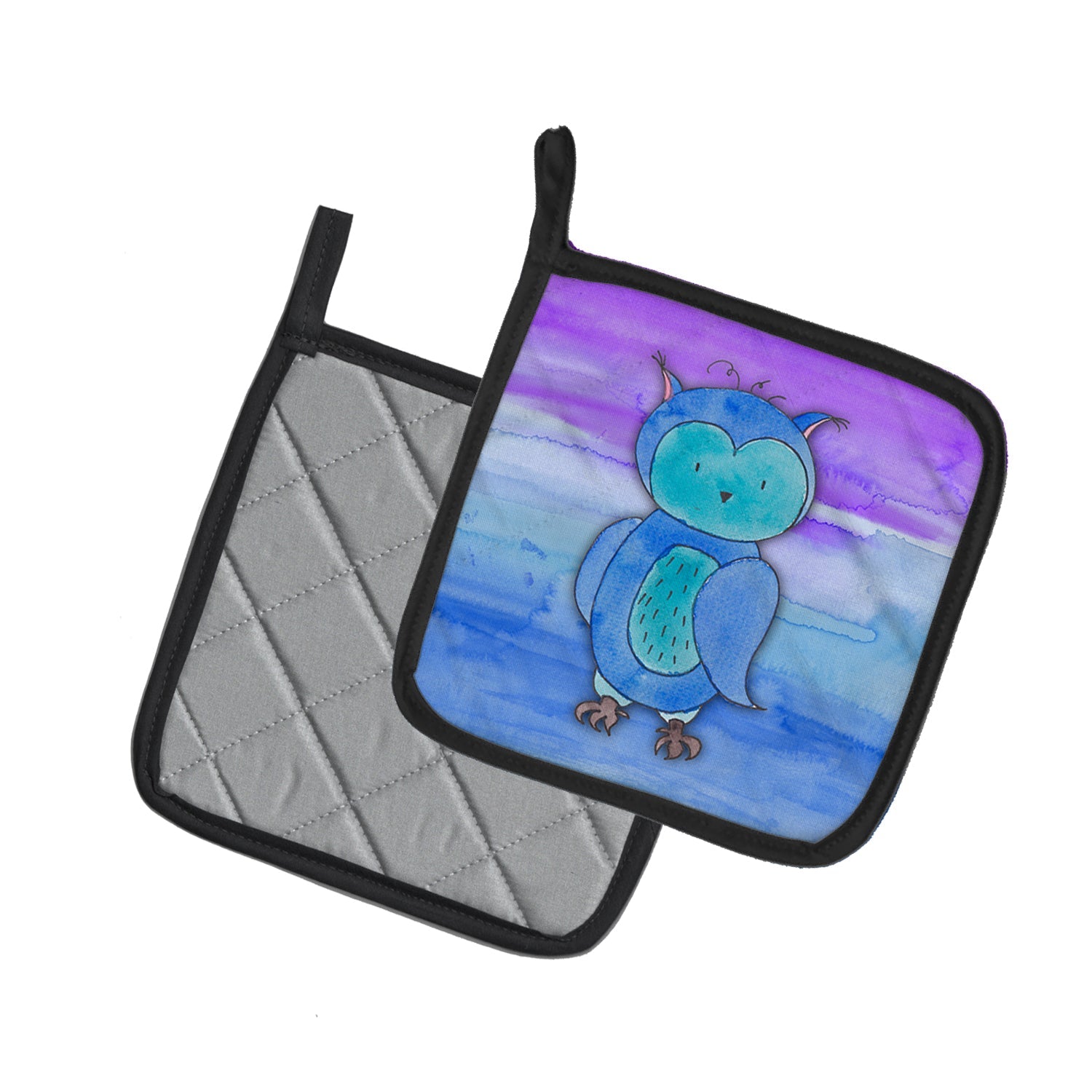 Blue Owl Watercolor Pot Holder Set of 2 Heat Resistant Quilted Hot Pads 7.5 x 7.5 Inch, Insulated Kitchen Trivets for Cooking & Baking