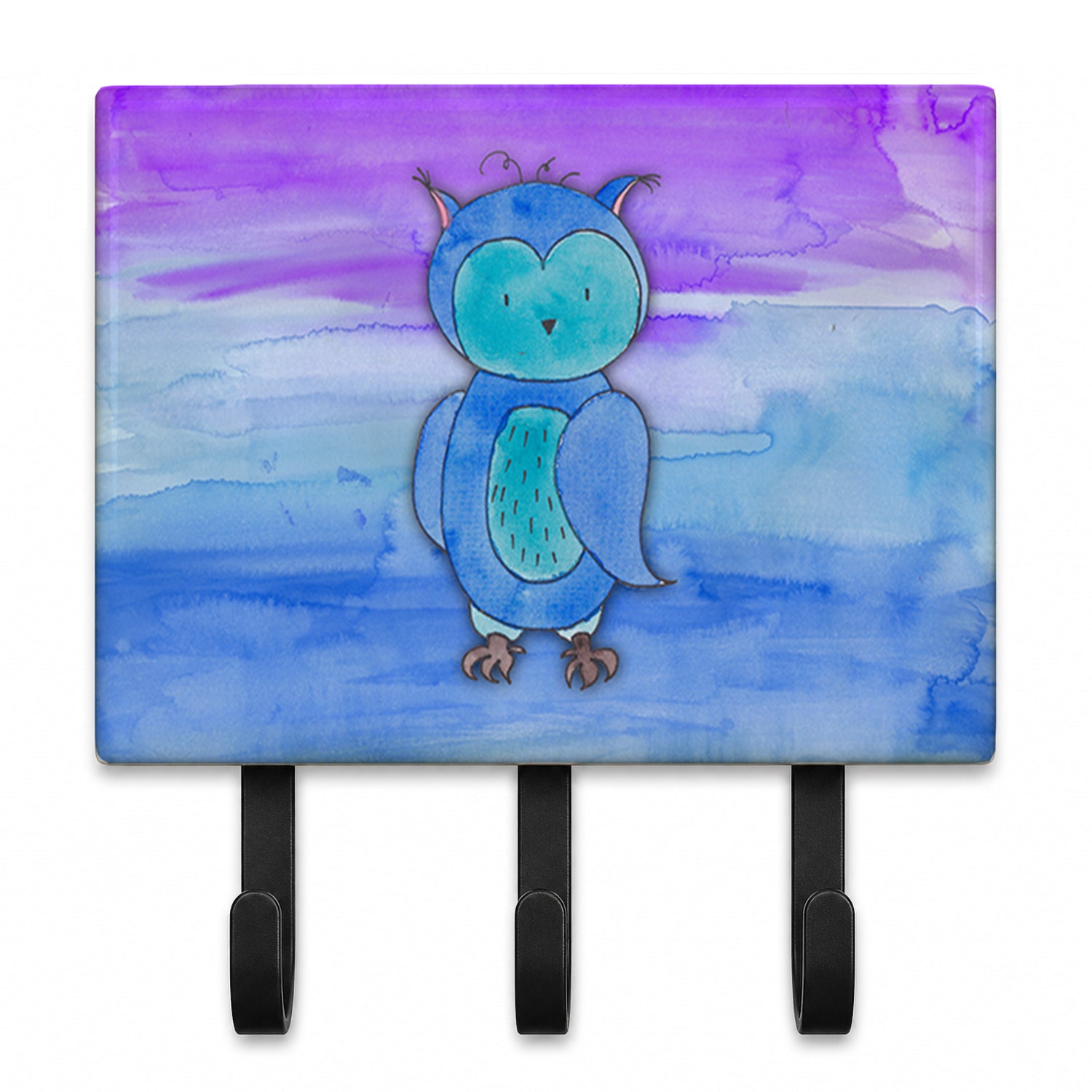 Blue Owl Watercolor Leash or Key Holder Wall Hooks, Coat Rack Wall Mount, for Hanging Keys, Towels, Aprons, Leashes
