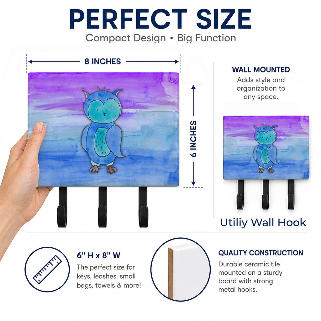 Blue Owl Watercolor Leash or Key Holder Wall Hooks, Coat Rack Wall Mount, for Hanging Keys, Towels, Aprons, Leashes