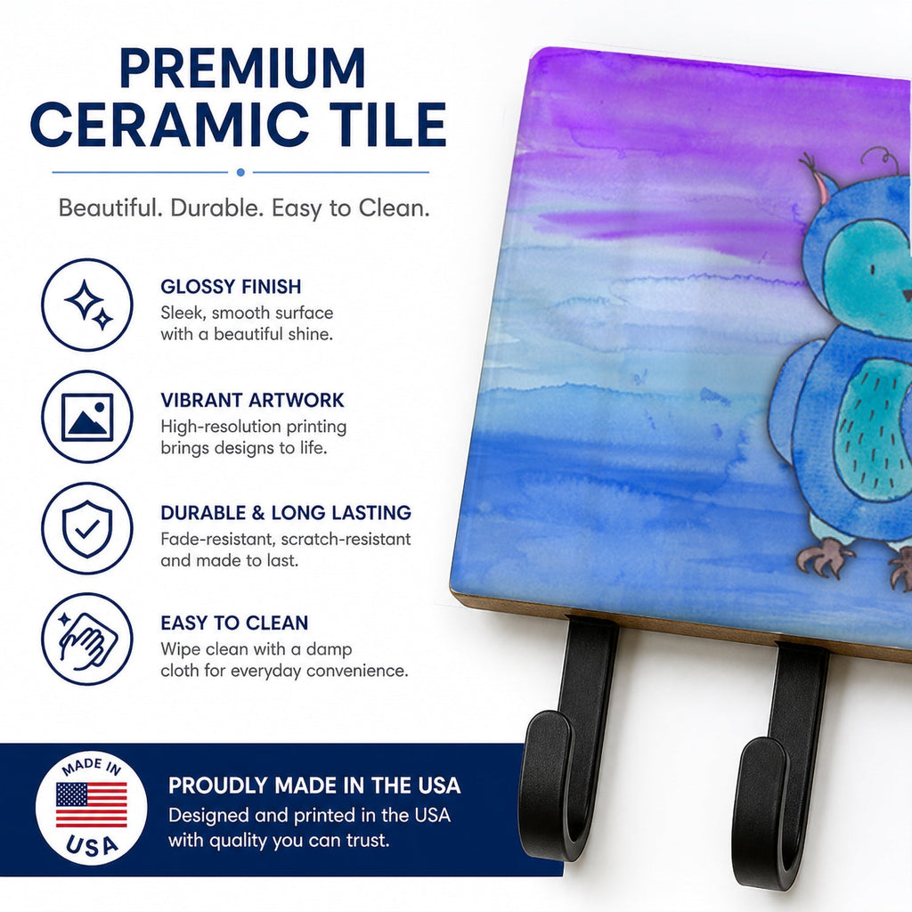 Blue Owl Watercolor Leash or Key Holder Wall Hooks, Coat Rack Wall Mount, for Hanging Keys, Towels, Aprons, Leashes