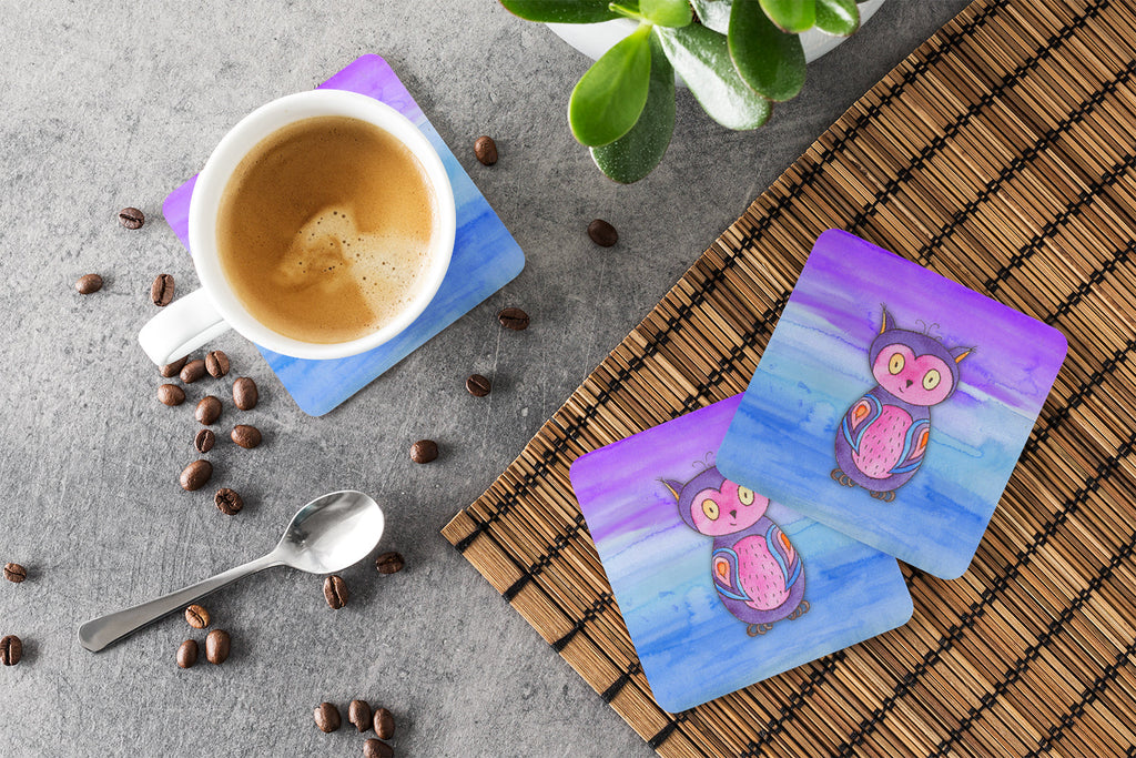 Pink and Purple Owl Watercolor Foam Coasters Set of 4 Cup Coasters for Indoor Outdoor, Tabletop Protection, Anti Slip, Mouse pad Material