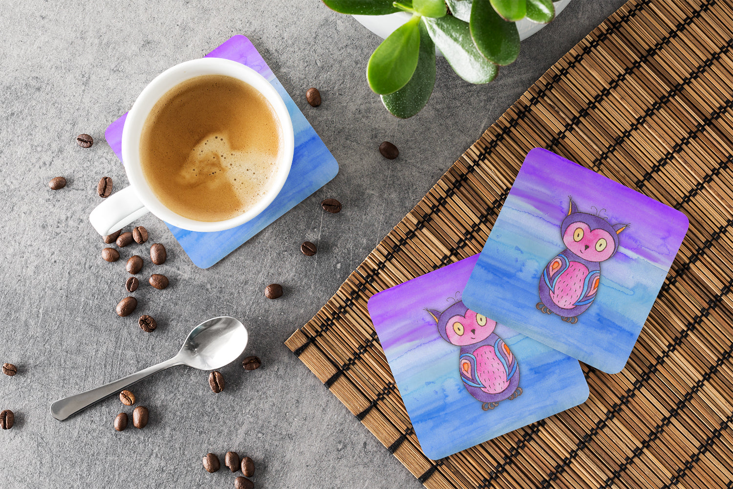 Pink and Purple Owl Watercolor Foam Coasters Set of 4 Cup Coasters for Indoor Outdoor, Tabletop Protection, Anti Slip, Mouse pad Material