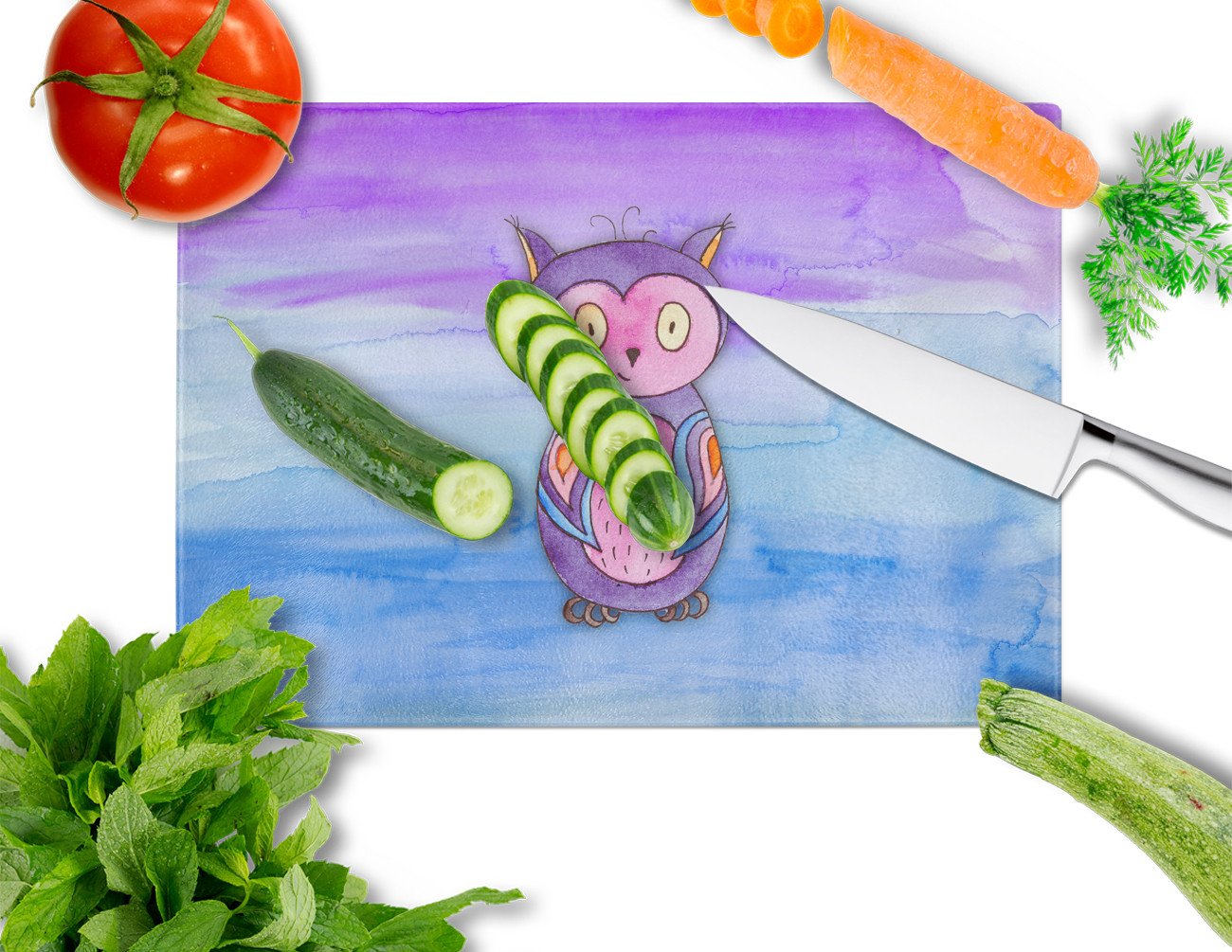 Pink and Purple Owl Watercolor Cutting Board Tempered Glass Kitchen Cutting Surface, Heat Resistant Chopping, Non-Slip Feet, Food Prep & Serving