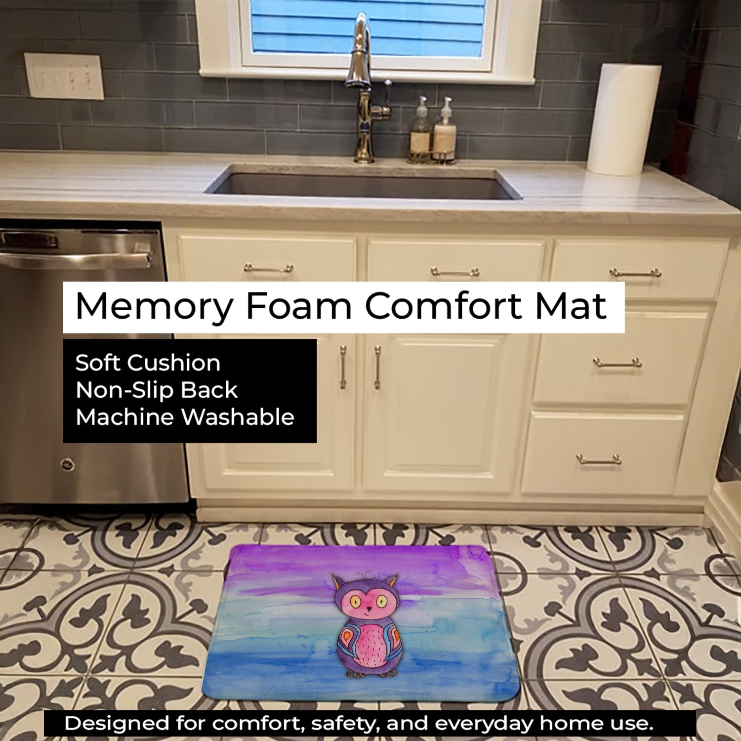 Pink and Purple Owl Watercolor Memory Foam Kitchen Mat Machine Washable Anti-Fatigue Cushion Comfort Bath or Kitchen Rug