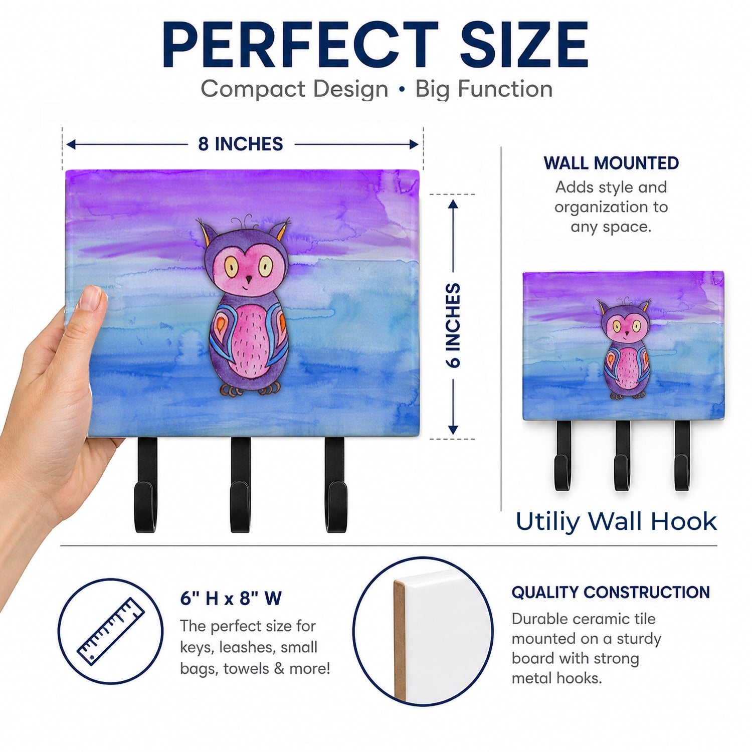 Pink and Purple Owl Watercolor Leash or Key Holder Wall Hooks, Coat Rack Wall Mount, for Hanging Keys, Towels, Aprons, Leashes