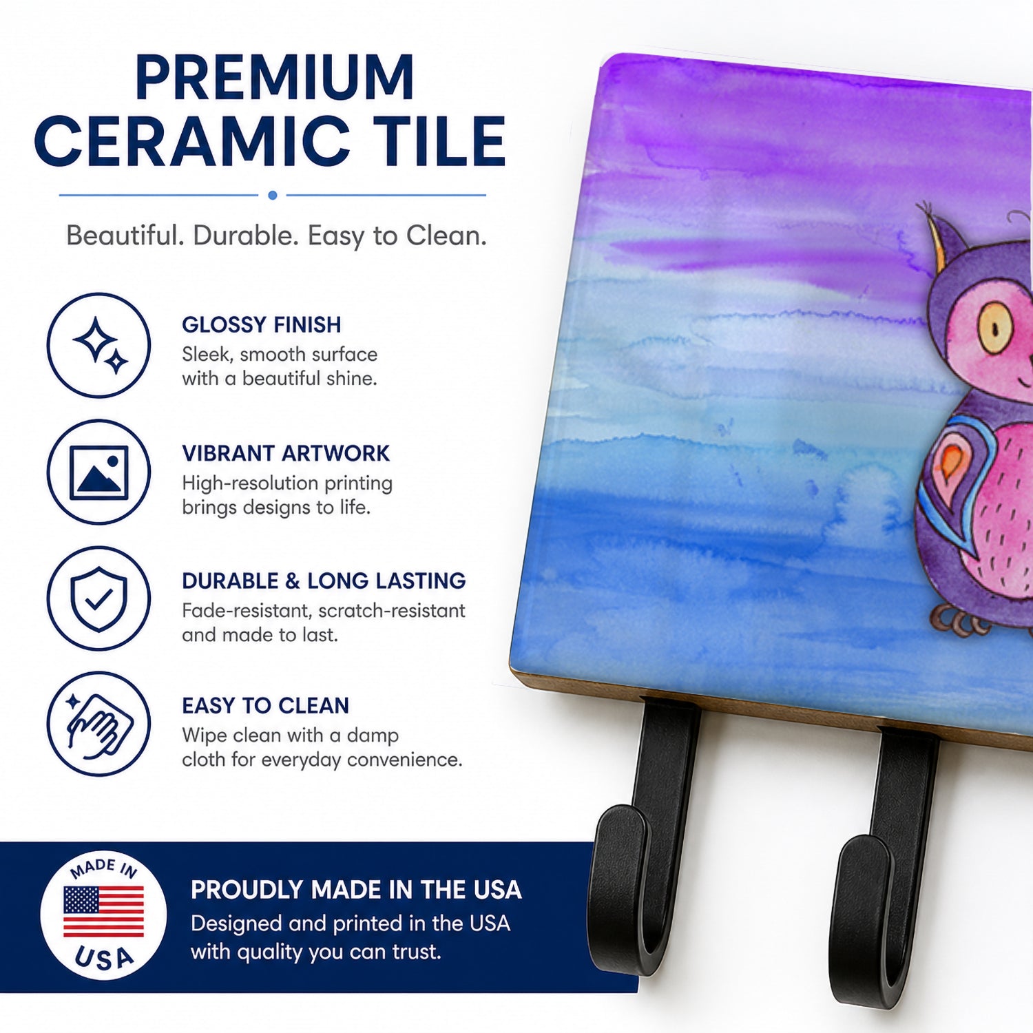 Pink and Purple Owl Watercolor Leash or Key Holder Wall Hooks, Coat Rack Wall Mount, for Hanging Keys, Towels, Aprons, Leashes