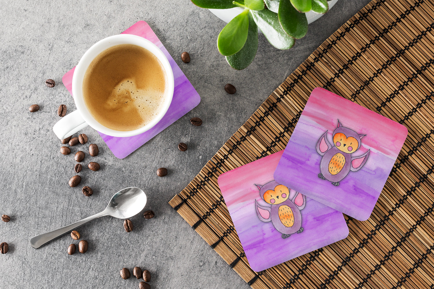 Pink and Purple Owl Watercolor Foam Coasters Set of 4 Cup Coasters for Indoor Outdoor, Tabletop Protection, Anti Slip, Mouse pad Material