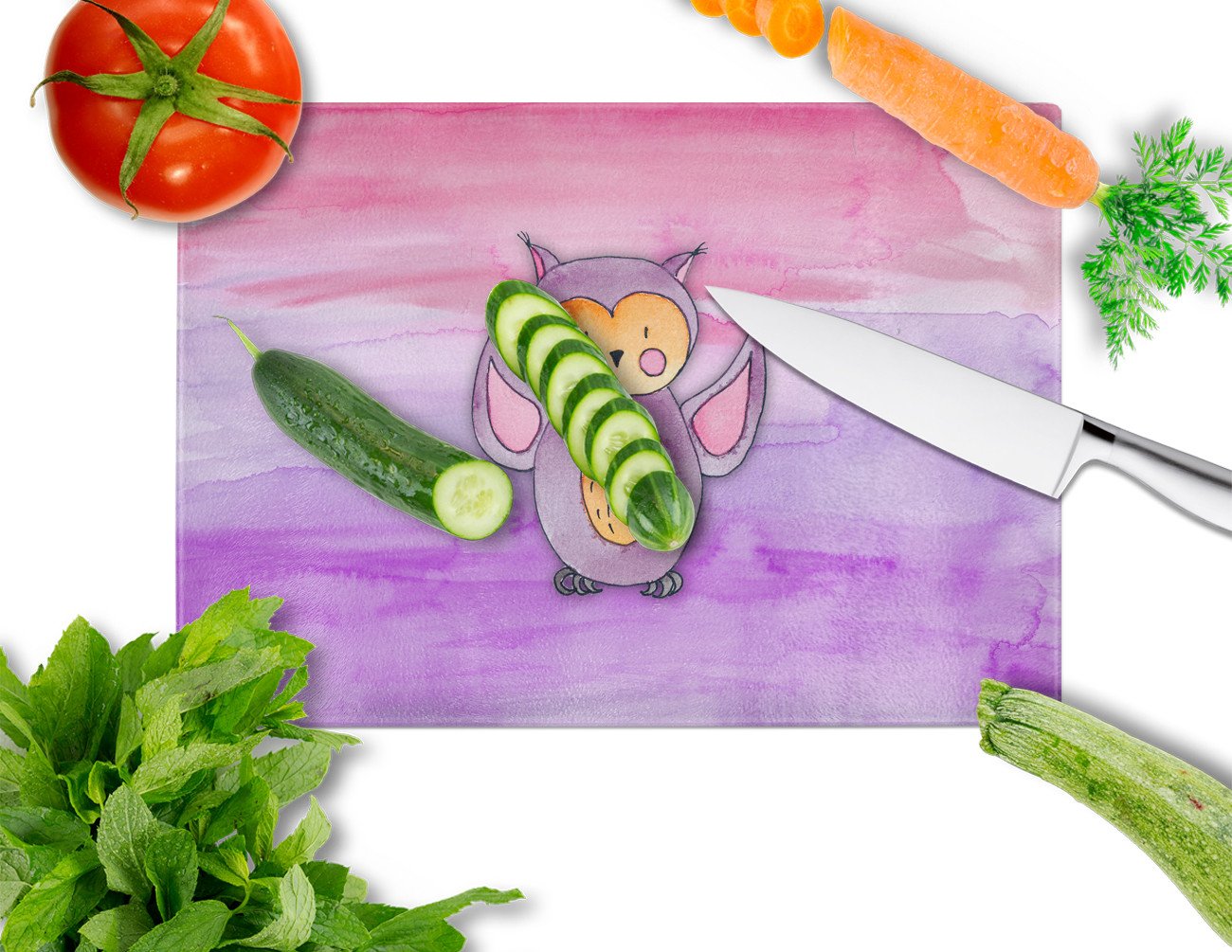Pink and Purple Owl Watercolor Cutting Board Tempered Glass Kitchen Cutting Surface, Heat Resistant Chopping, Non-Slip Feet, Food Prep & Serving