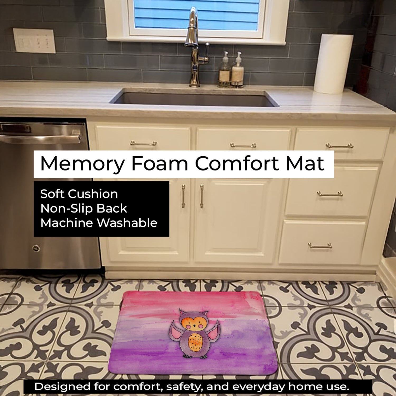 Pink and Purple Owl Watercolor Memory Foam Kitchen Mat Machine Washable Anti-Fatigue Cushion Comfort Bath or Kitchen Rug