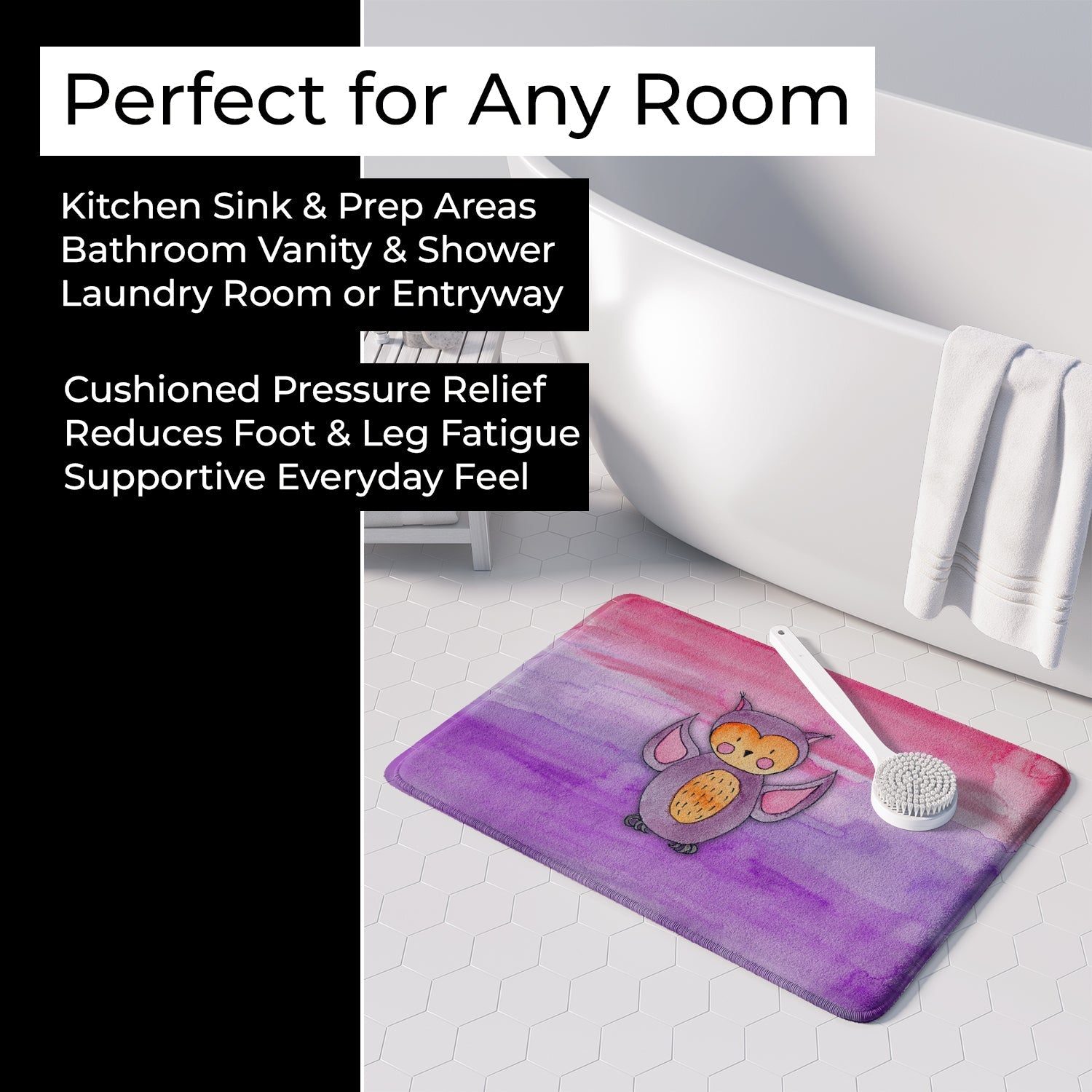 Pink and Purple Owl Watercolor Memory Foam Kitchen Mat Machine Washable Anti-Fatigue Cushion Comfort Bath or Kitchen Rug