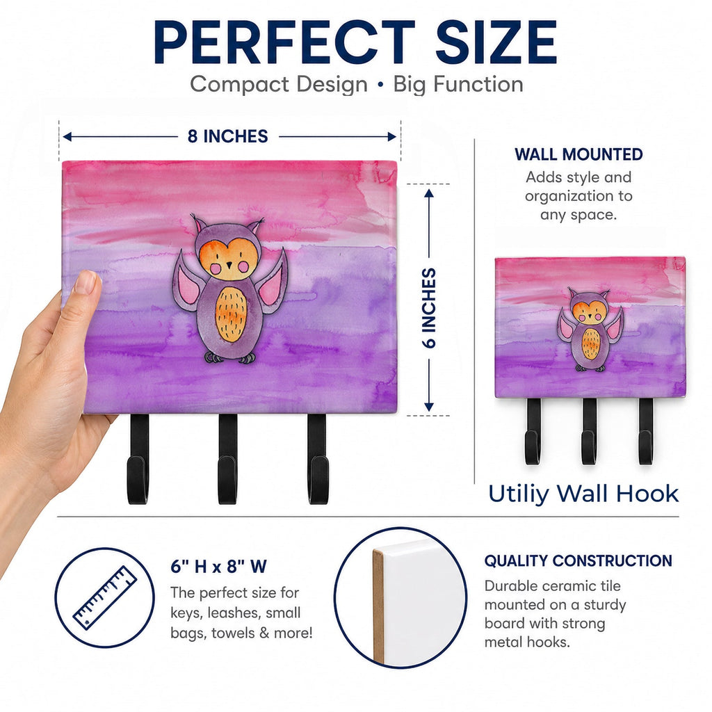 Pink and Purple Owl Watercolor Leash or Key Holder Wall Hooks, Coat Rack Wall Mount, for Hanging Keys, Towels, Aprons, Leashes