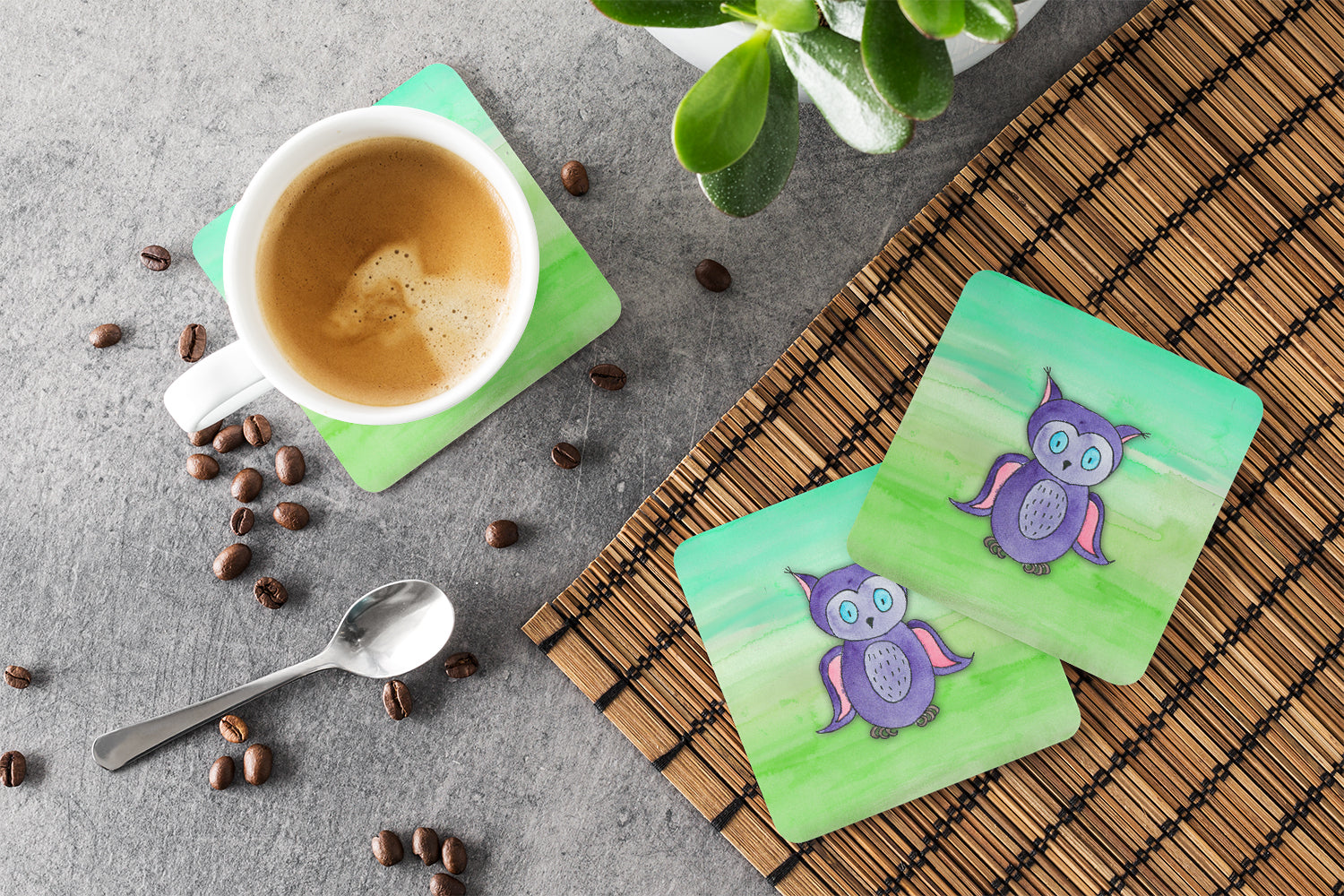 Purple Owl Watercolor Foam Coasters Set of 4 Cup Coasters for Indoor Outdoor, Tabletop Protection, Anti Slip, Mouse pad Material