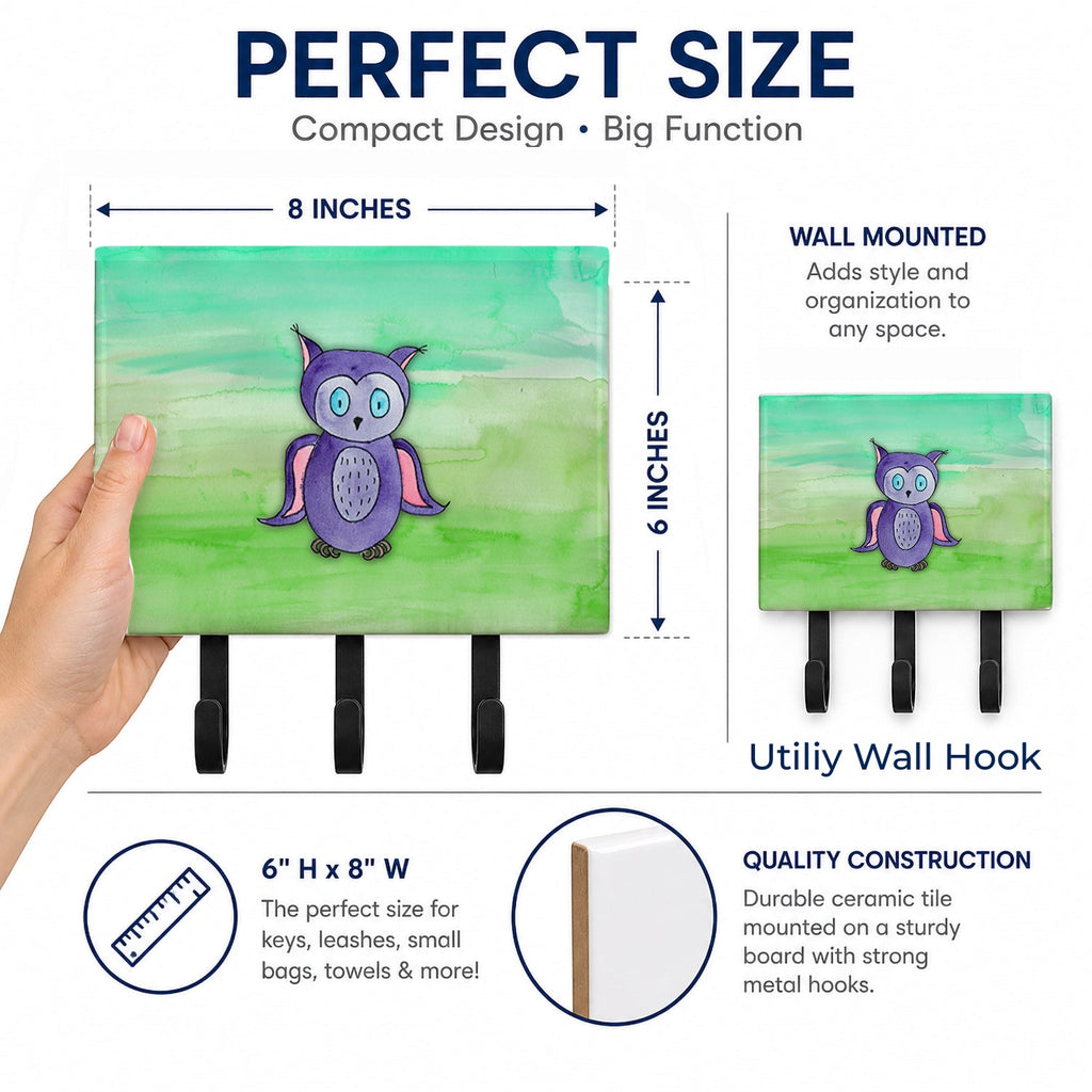 Purple Owl Watercolor Leash or Key Holder Wall Hooks, Coat Rack Wall Mount, for Hanging Keys, Towels, Aprons, Leashes