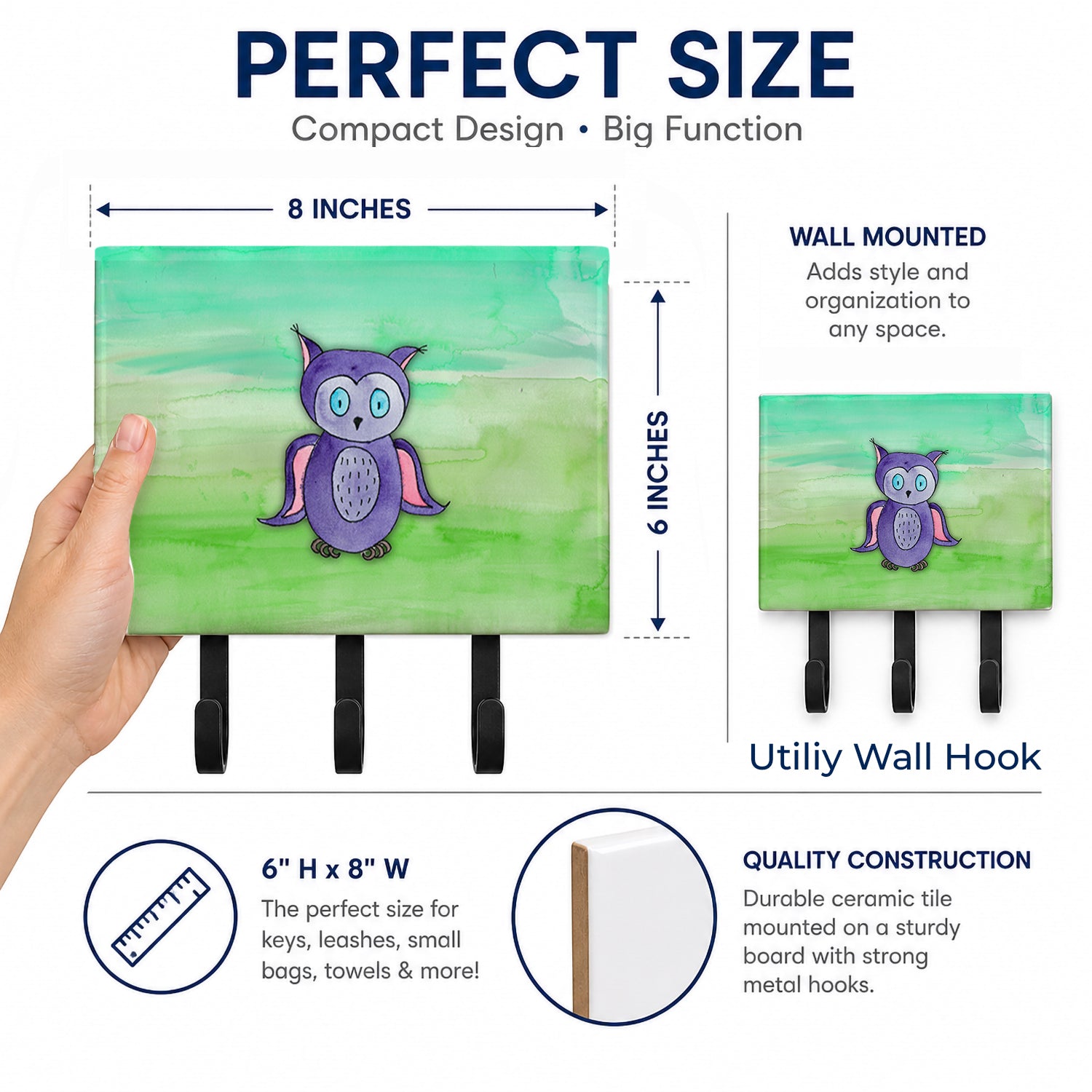 Purple Owl Watercolor Leash or Key Holder Wall Hooks, Coat Rack Wall Mount, for Hanging Keys, Towels, Aprons, Leashes