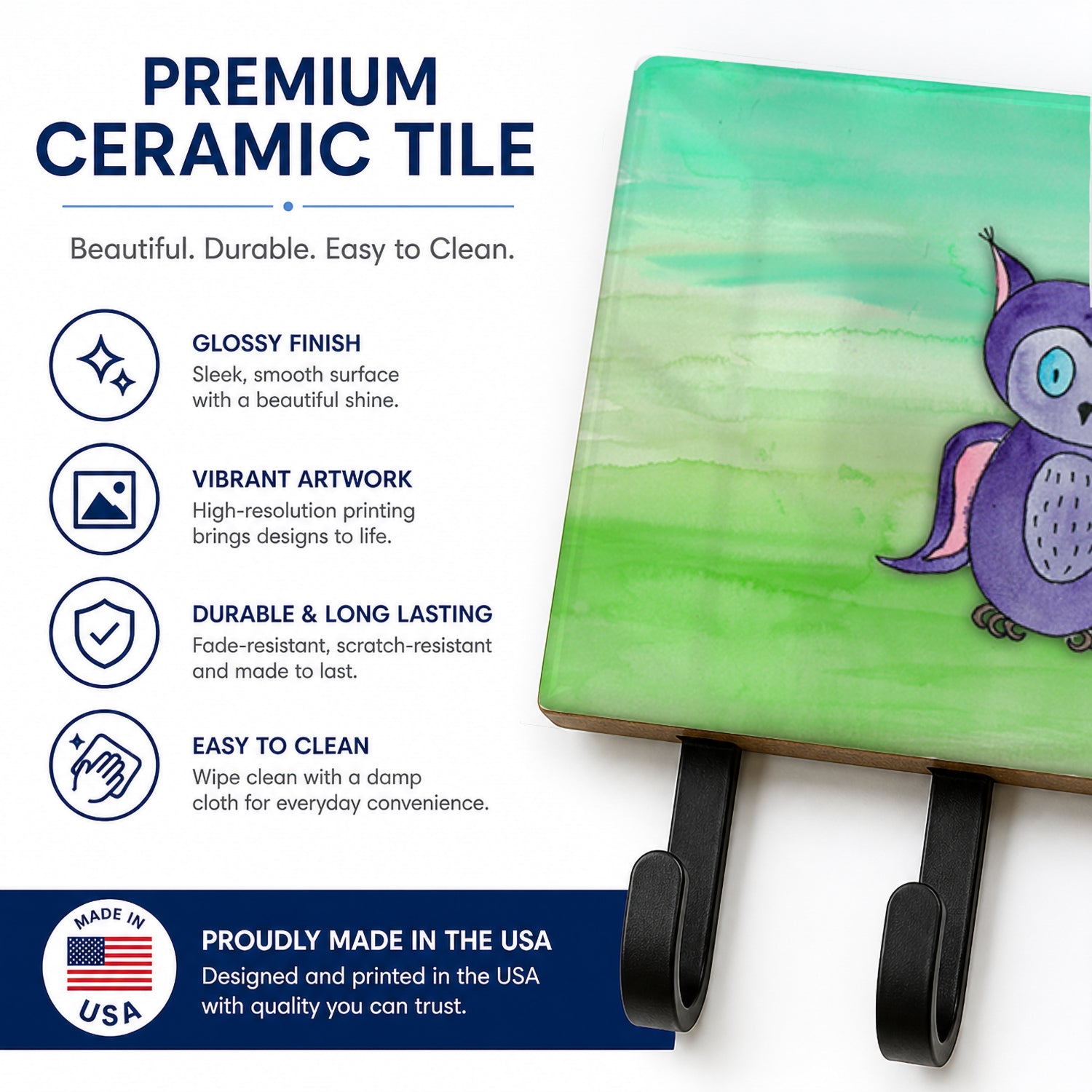 Purple Owl Watercolor Leash or Key Holder Wall Hooks, Coat Rack Wall Mount, for Hanging Keys, Towels, Aprons, Leashes