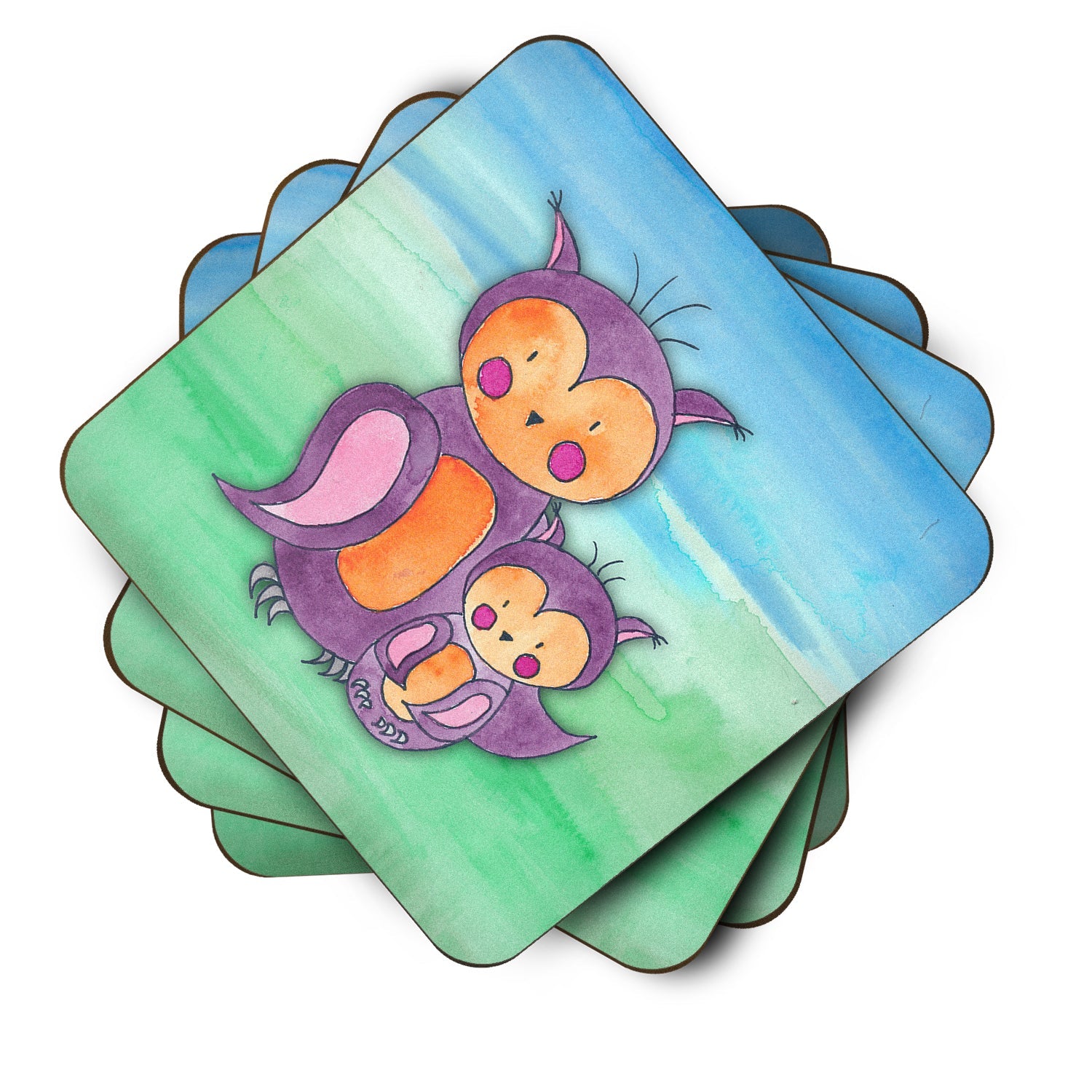 Momma and Baby Owl Watercolor Foam Coasters Set of 4 Cup Coasters for Indoor Outdoor, Tabletop Protection, Anti Slip, Mouse pad Material