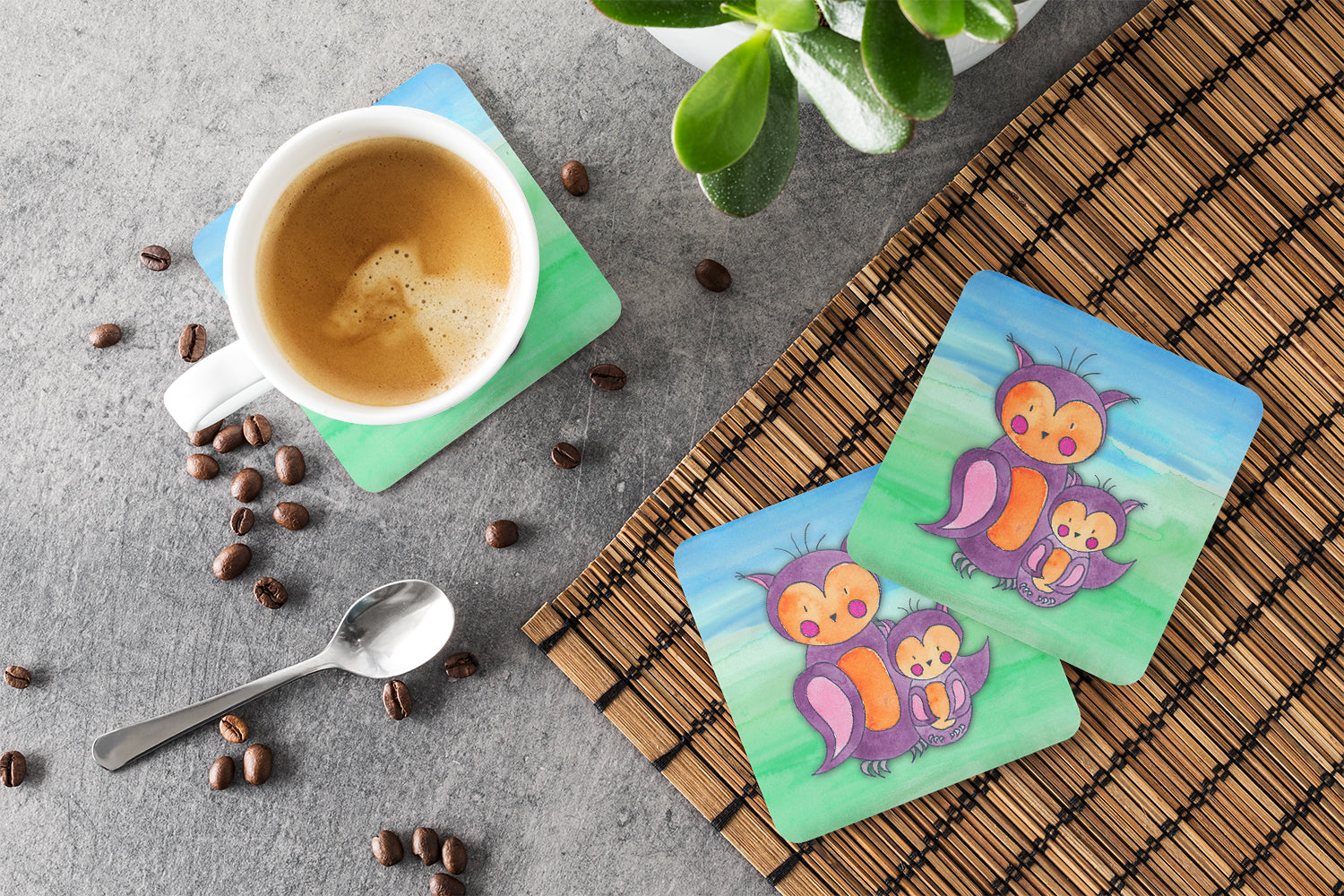 Momma and Baby Owl Watercolor Foam Coasters Set of 4 Cup Coasters for Indoor Outdoor, Tabletop Protection, Anti Slip, Mouse pad Material