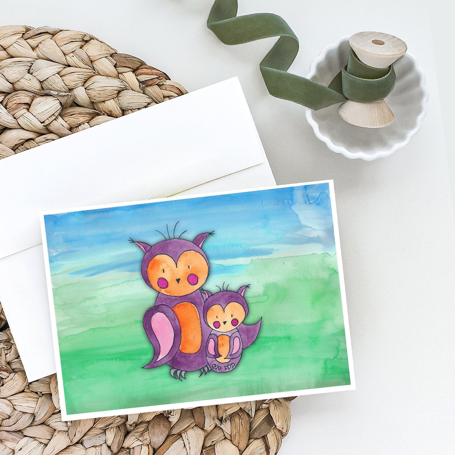 Momma and Baby Owl Watercolor Greeting Cards Pack of 8 Blank Cards with Envelopes Whimsical A7 Size 5x7