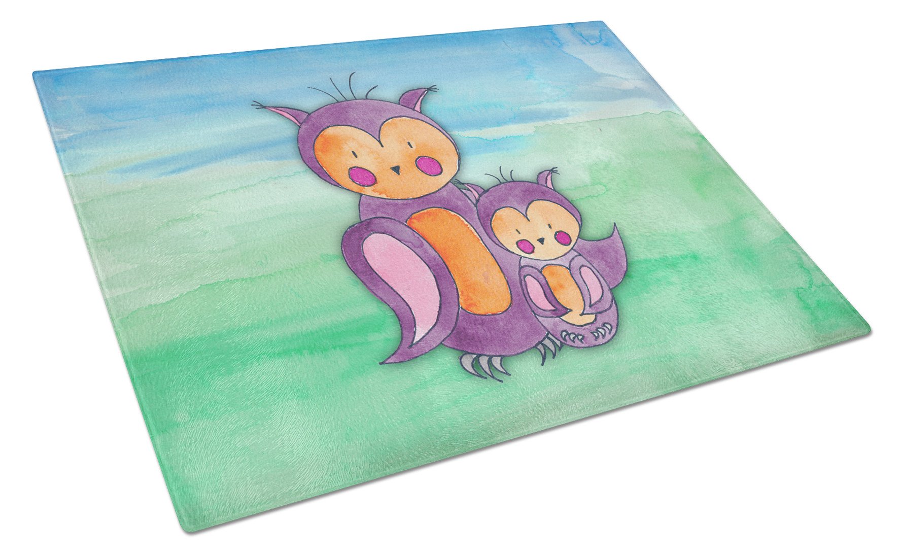 Momma and Baby Owl Watercolor Cutting Board Tempered Glass Kitchen Cutting Surface, Heat Resistant Chopping, Non-Slip Feet, Food Prep & Serving