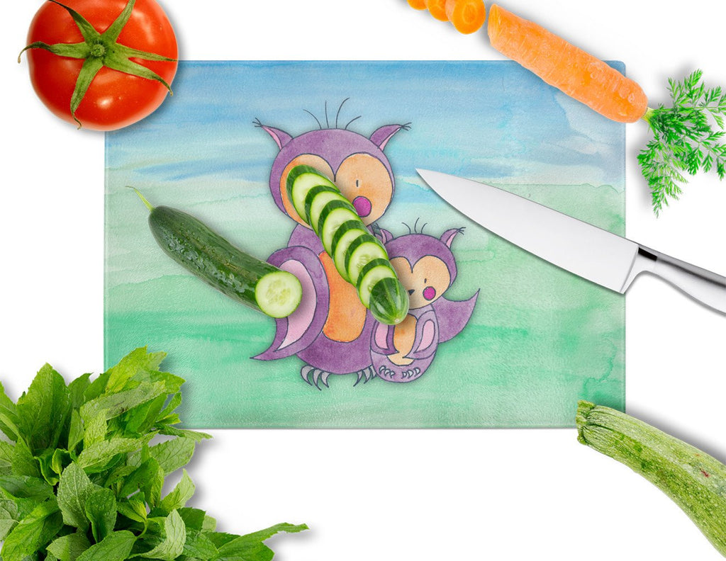 Momma and Baby Owl Watercolor Cutting Board Tempered Glass Kitchen Cutting Surface, Heat Resistant Chopping, Non-Slip Feet, Food Prep & Serving