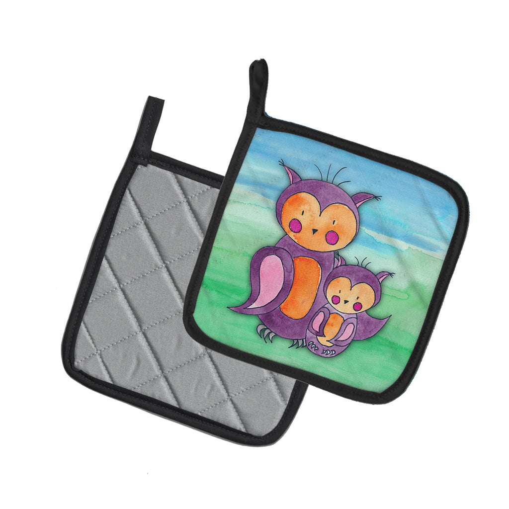 Momma and Baby Owl Watercolor Pot Holder Set of 2 Heat Resistant Quilted Hot Pads 7.5 x 7.5 Inch, Insulated Kitchen Trivets for Cooking & Baking