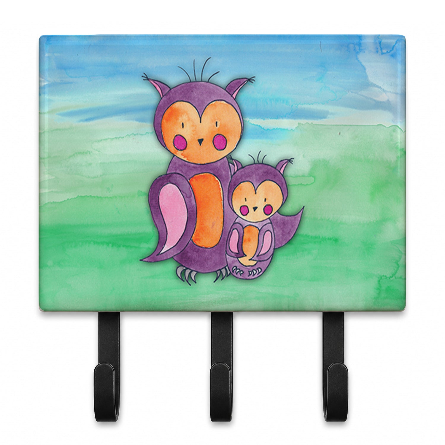 Momma and Baby Owl Watercolor Leash or Key Holder Wall Hooks, Coat Rack Wall Mount, for Hanging Keys, Towels, Aprons, Leashes