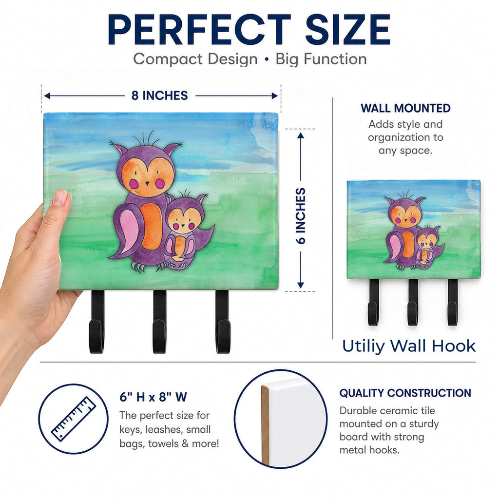 Momma and Baby Owl Watercolor Leash or Key Holder Wall Hooks, Coat Rack Wall Mount, for Hanging Keys, Towels, Aprons, Leashes