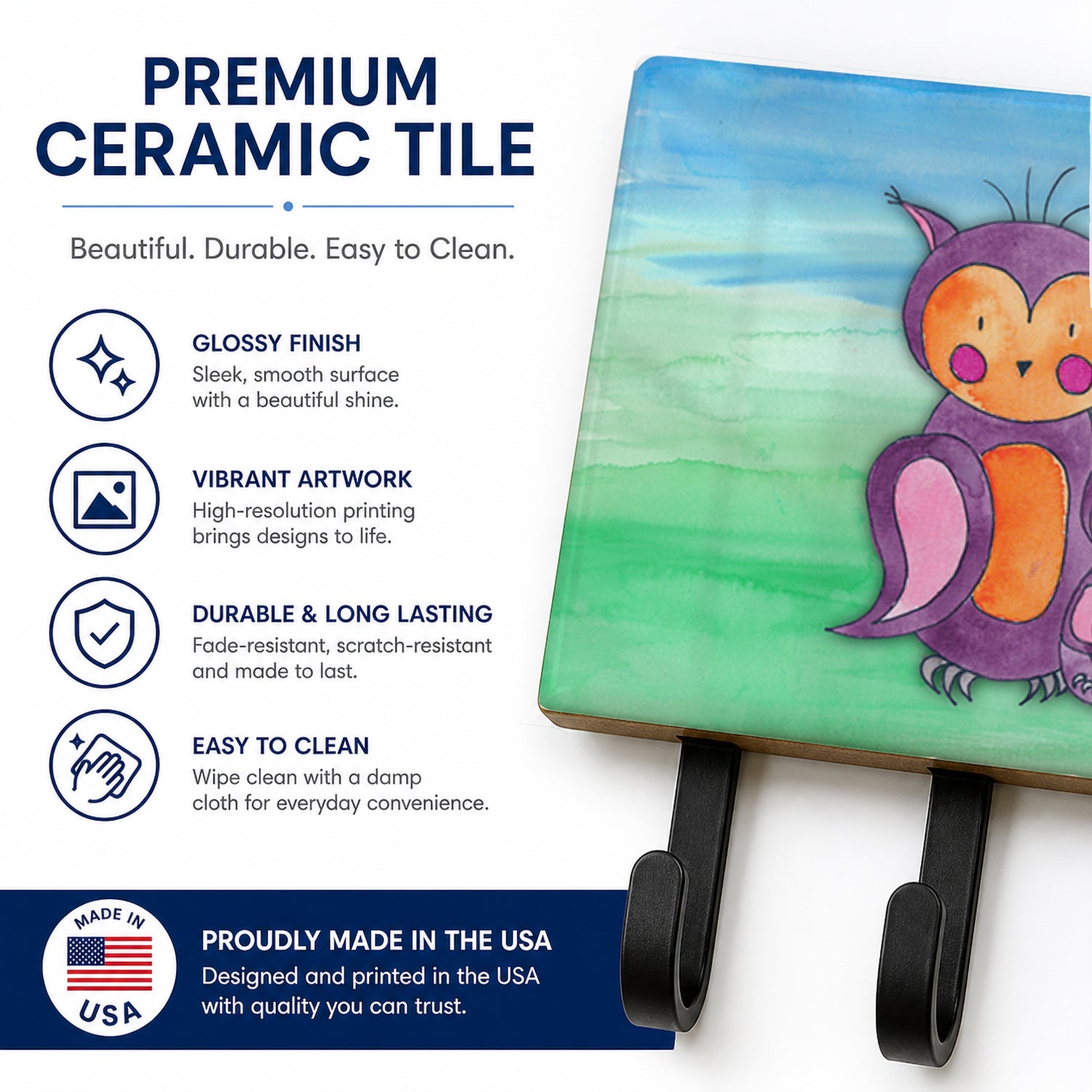 Momma and Baby Owl Watercolor Leash or Key Holder Wall Hooks, Coat Rack Wall Mount, for Hanging Keys, Towels, Aprons, Leashes