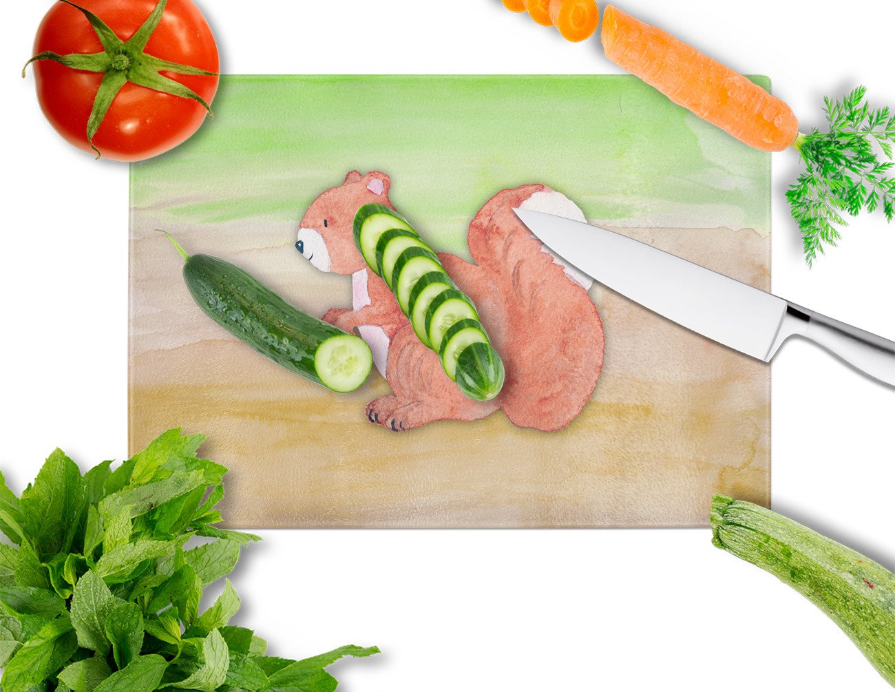 Squirrel Watercolor Cutting Board Tempered Glass Kitchen Cutting Surface, Heat Resistant Chopping, Non-Slip Feet, Food Prep & Serving