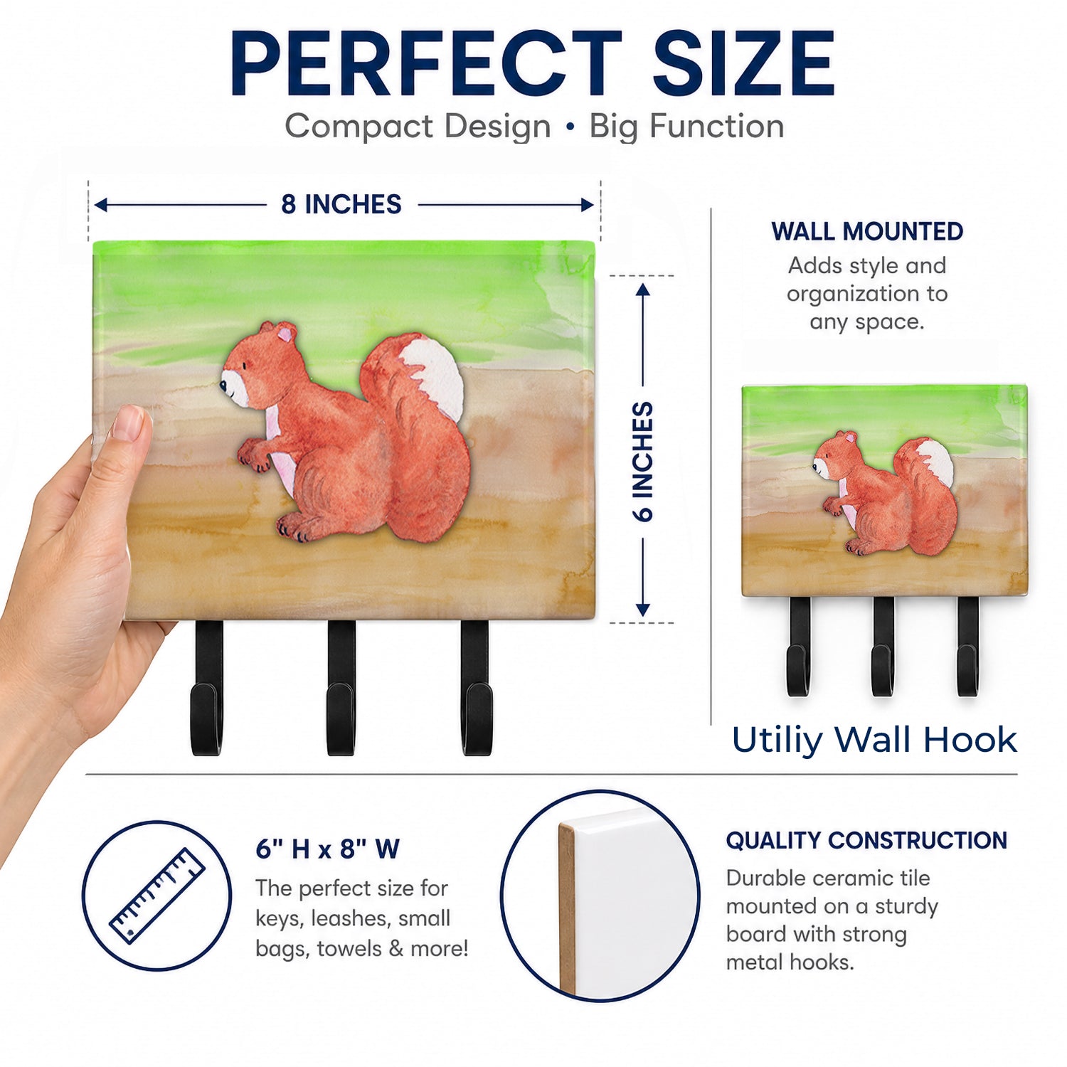 Squirrel Watercolor Leash or Key Holder Wall Hooks, Coat Rack Wall Mount, for Hanging Keys, Towels, Aprons, Leashes