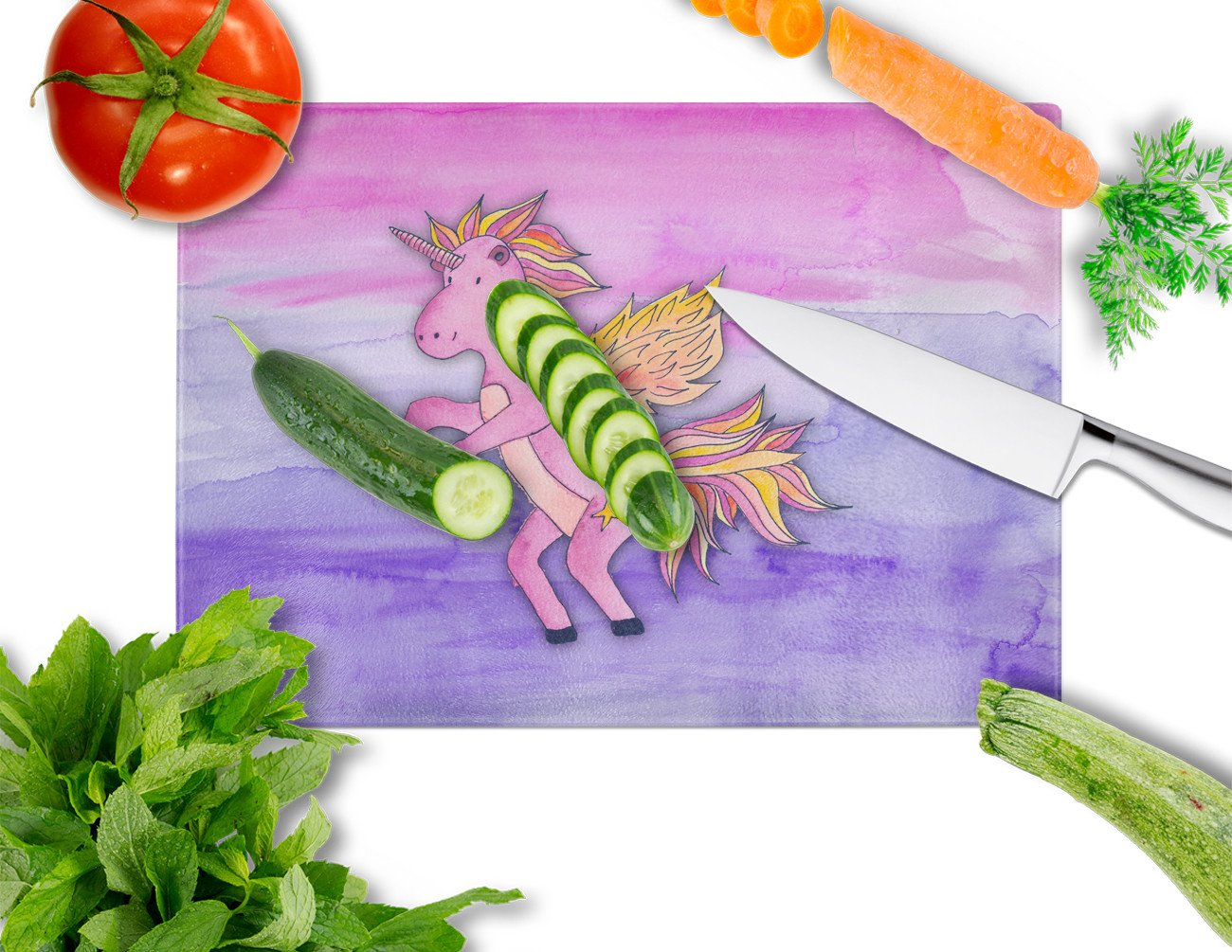 Pink Unicorn Watercolor Cutting Board Tempered Glass Kitchen Cutting Surface, Heat Resistant Chopping, Non-Slip Feet, Food Prep & Serving