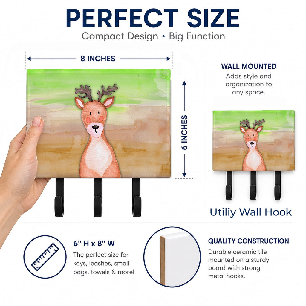 Deer Watercolor Leash or Key Holder Wall Hooks, Coat Rack Wall Mount, for Hanging Keys, Towels, Aprons, Leashes