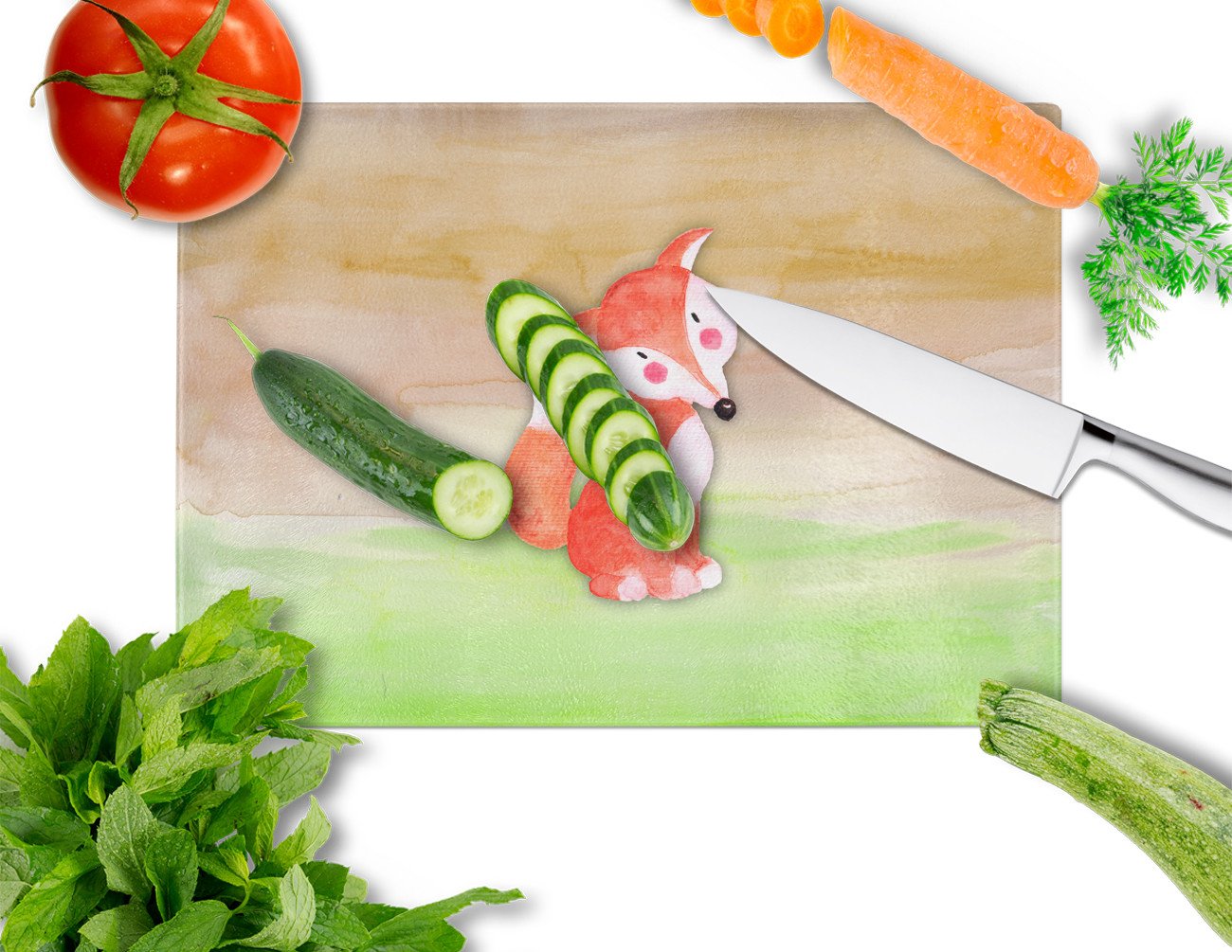 Fox Watercolor Cutting Board Tempered Glass Kitchen Cutting Surface, Heat Resistant Chopping, Non-Slip Feet, Food Prep & Serving
