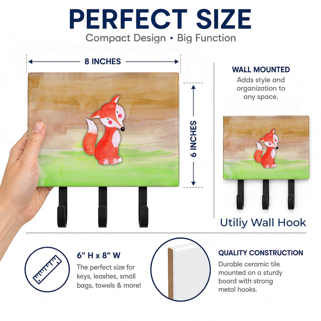 Fox Watercolor Leash or Key Holder Wall Hooks, Coat Rack Wall Mount, for Hanging Keys, Towels, Aprons, Leashes