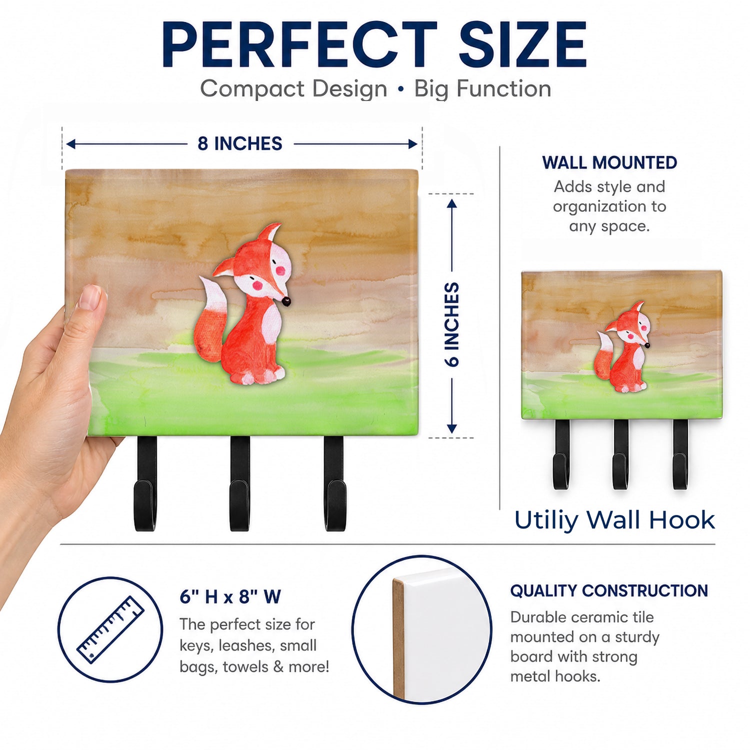 Fox Watercolor Leash or Key Holder Wall Hooks, Coat Rack Wall Mount, for Hanging Keys, Towels, Aprons, Leashes
