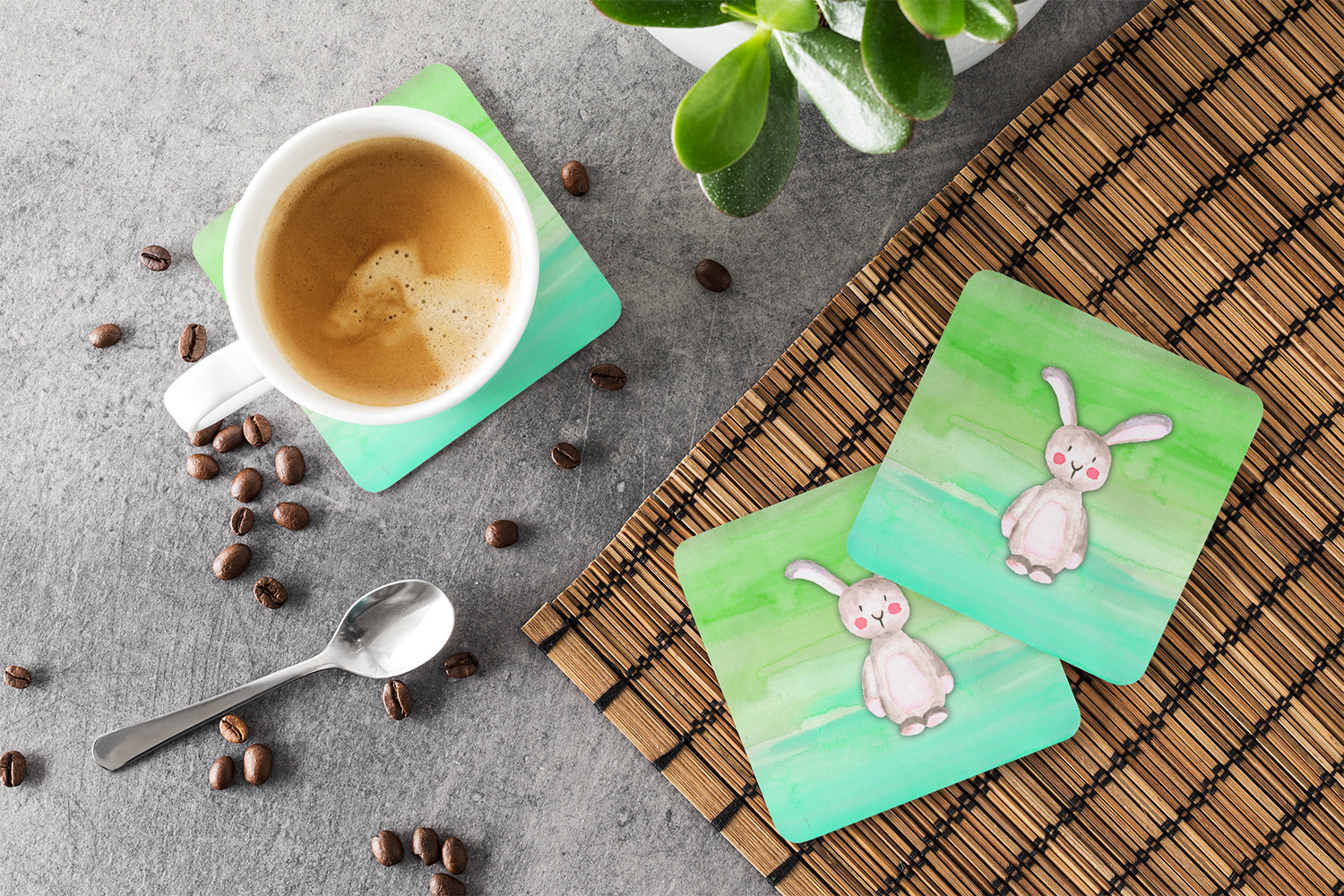 Bunny Rabbit Watercolor Foam Coasters Set of 4 Cup Coasters for Indoor Outdoor, Tabletop Protection, Anti Slip, Mouse pad Material